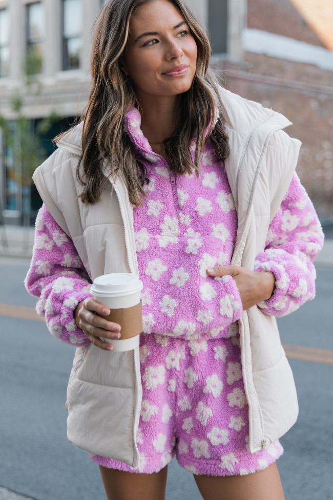 Front Runner Purple Floral Sherpa Quarter Zip Pullover FINAL SALE-Sunny Prom