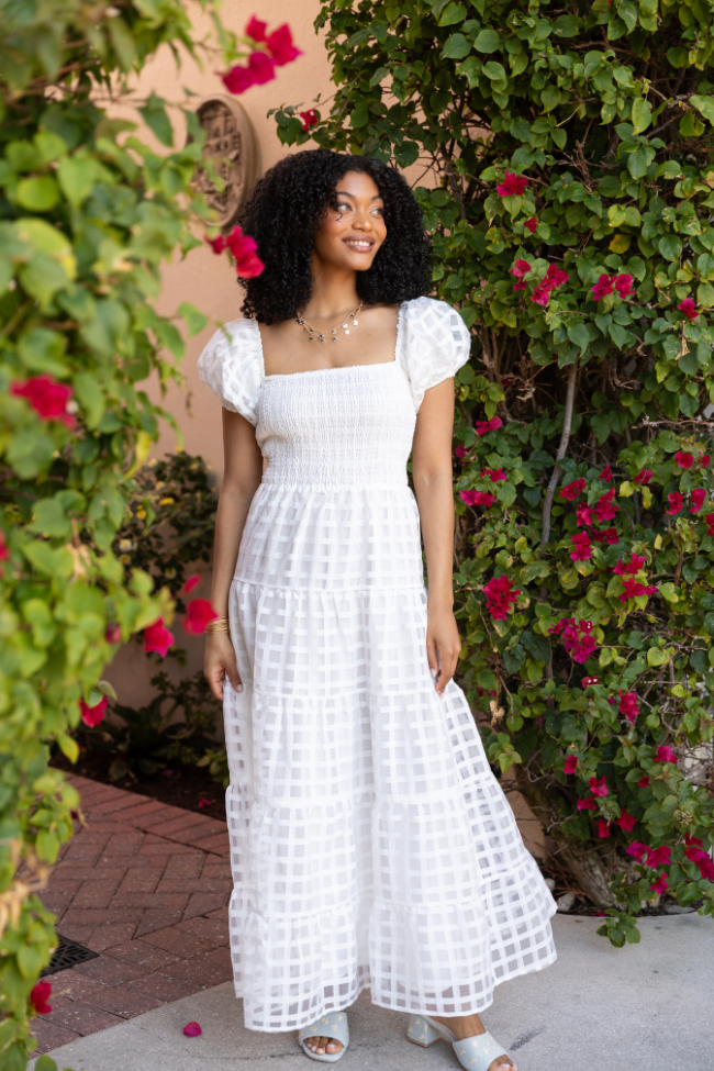 What A Feeling White Windowpane Maxi Dress FINAL SALE-Sunny Prom
