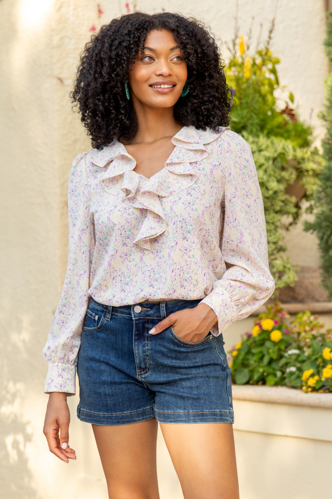 Floral Mirage Ruffle Trim Pastel Blouse FINAL SALE-Sunny Prom