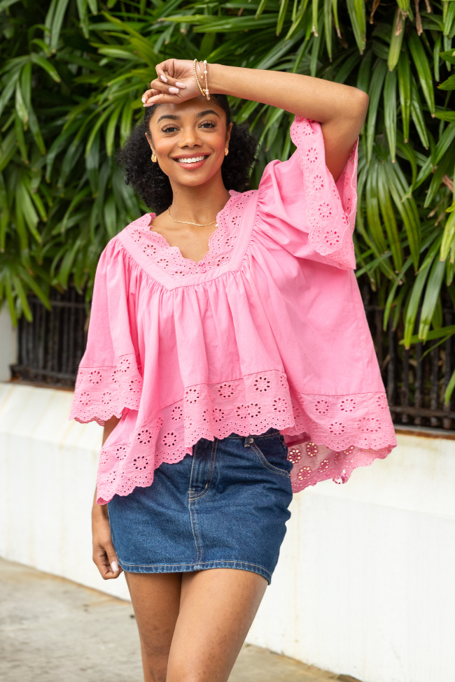 No Regrets Pink Eyelet Detail Popover Short Sleeve Blouse-Sunny Prom