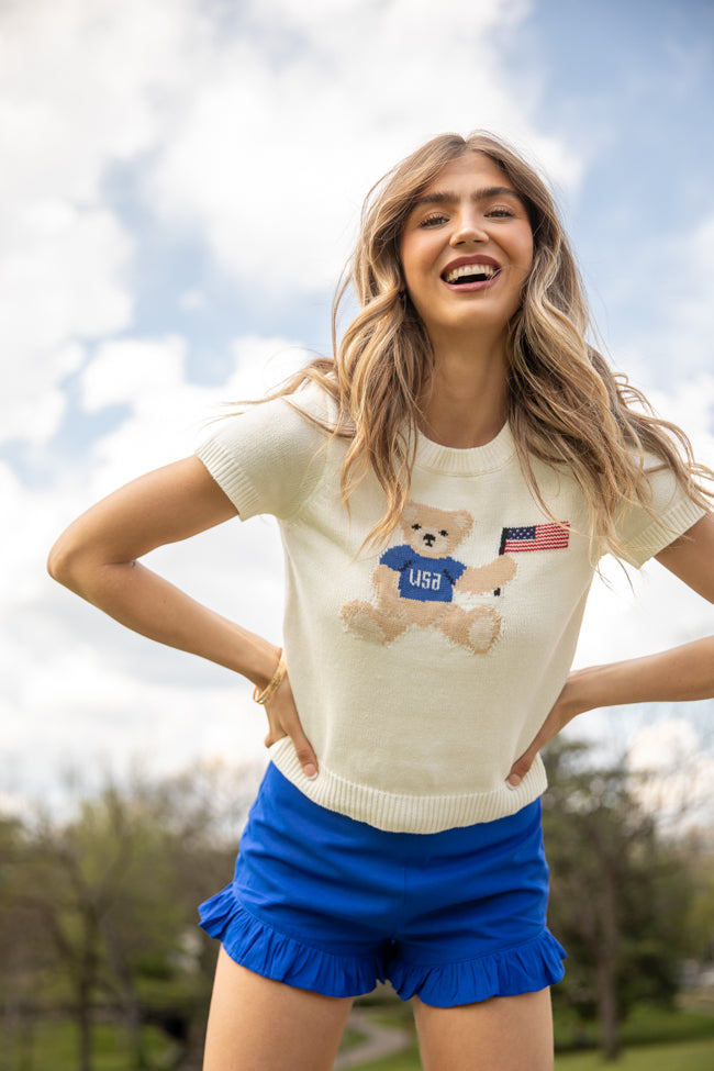 Made For Celebratin' Ivory Americana Short Sleeve Bear Sweater FINAL SALE-Sunny Prom