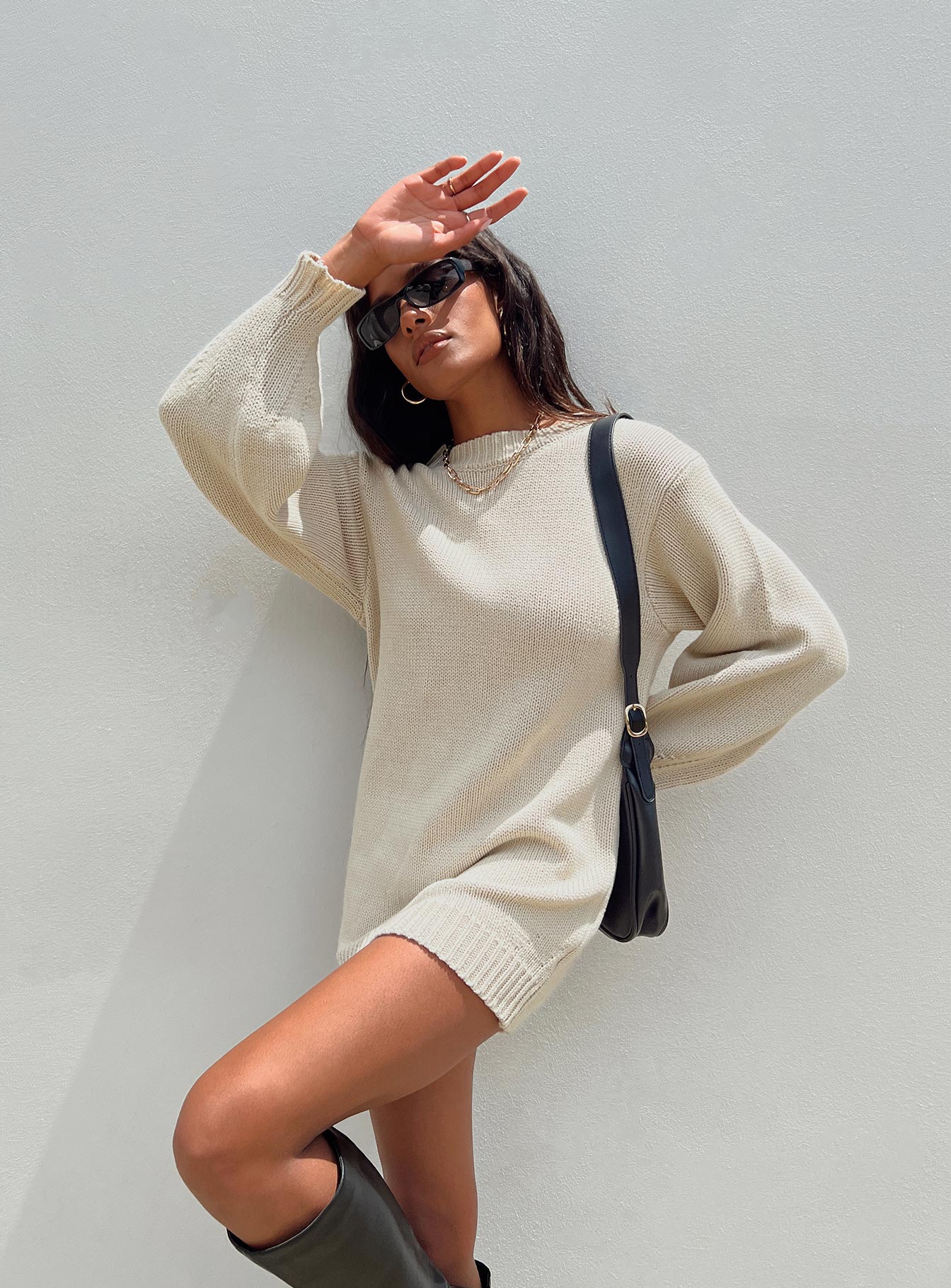 Harmony Balloon Sleeve Knit Mini Dress Beige-Oh Mollys