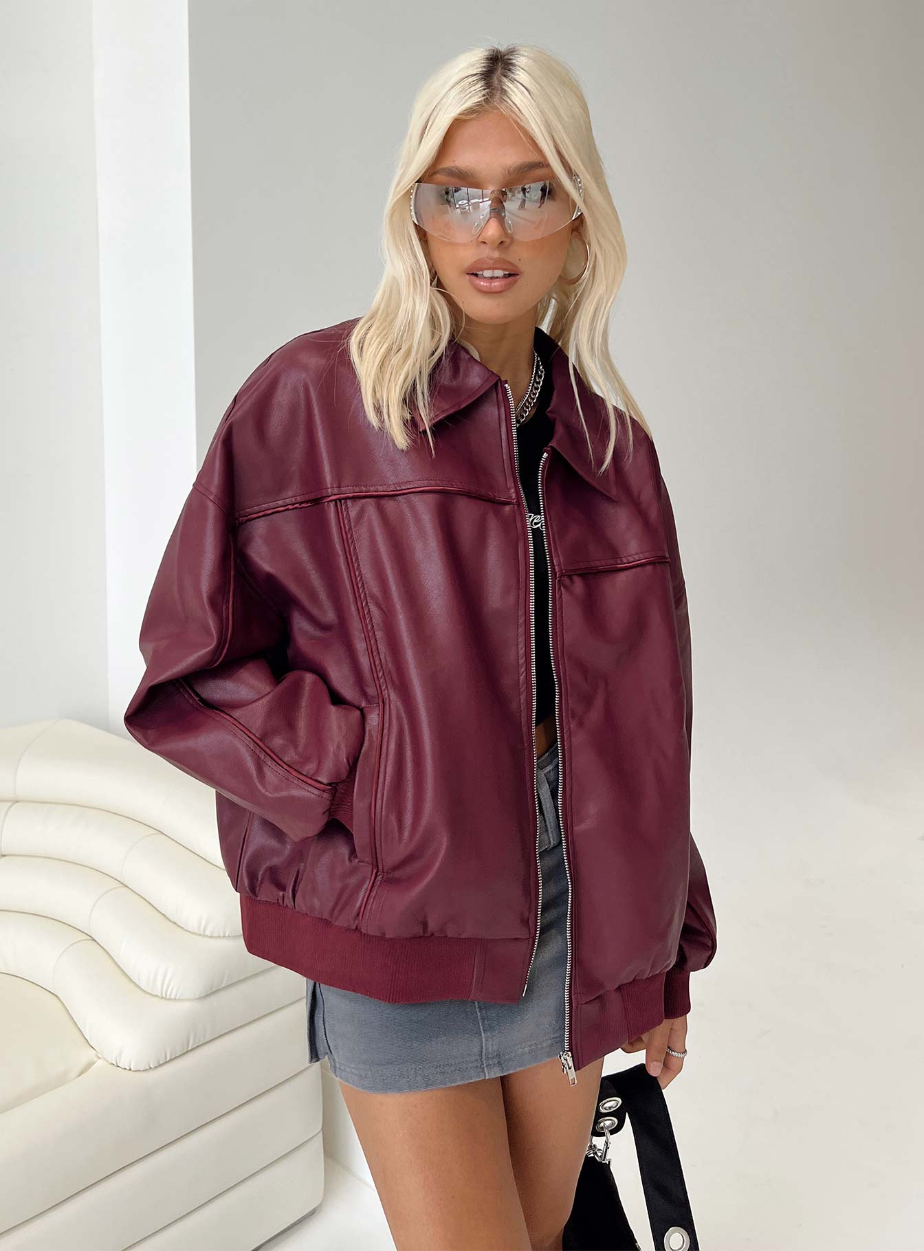 Goldsmith Faux Leather Bomber Jacket Burgundy-Oh Mollys
