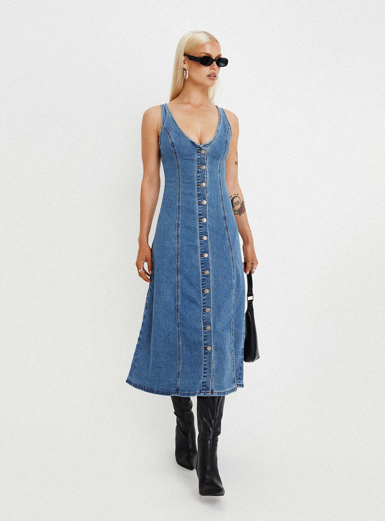 Midler Denim Midi Dress Mid Blue-Oh Mollys