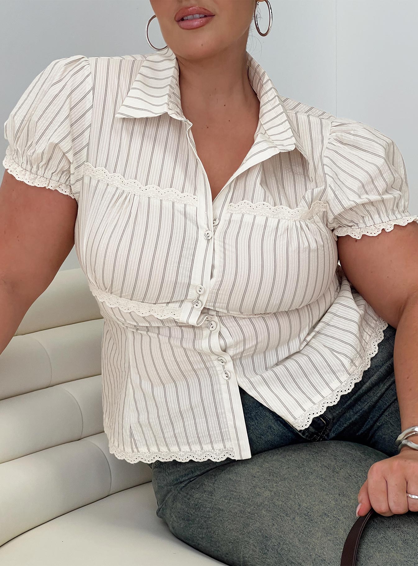 Deserve You Puff Sleeve Button Front Top Cream Stripe Curve-Oh Mollys