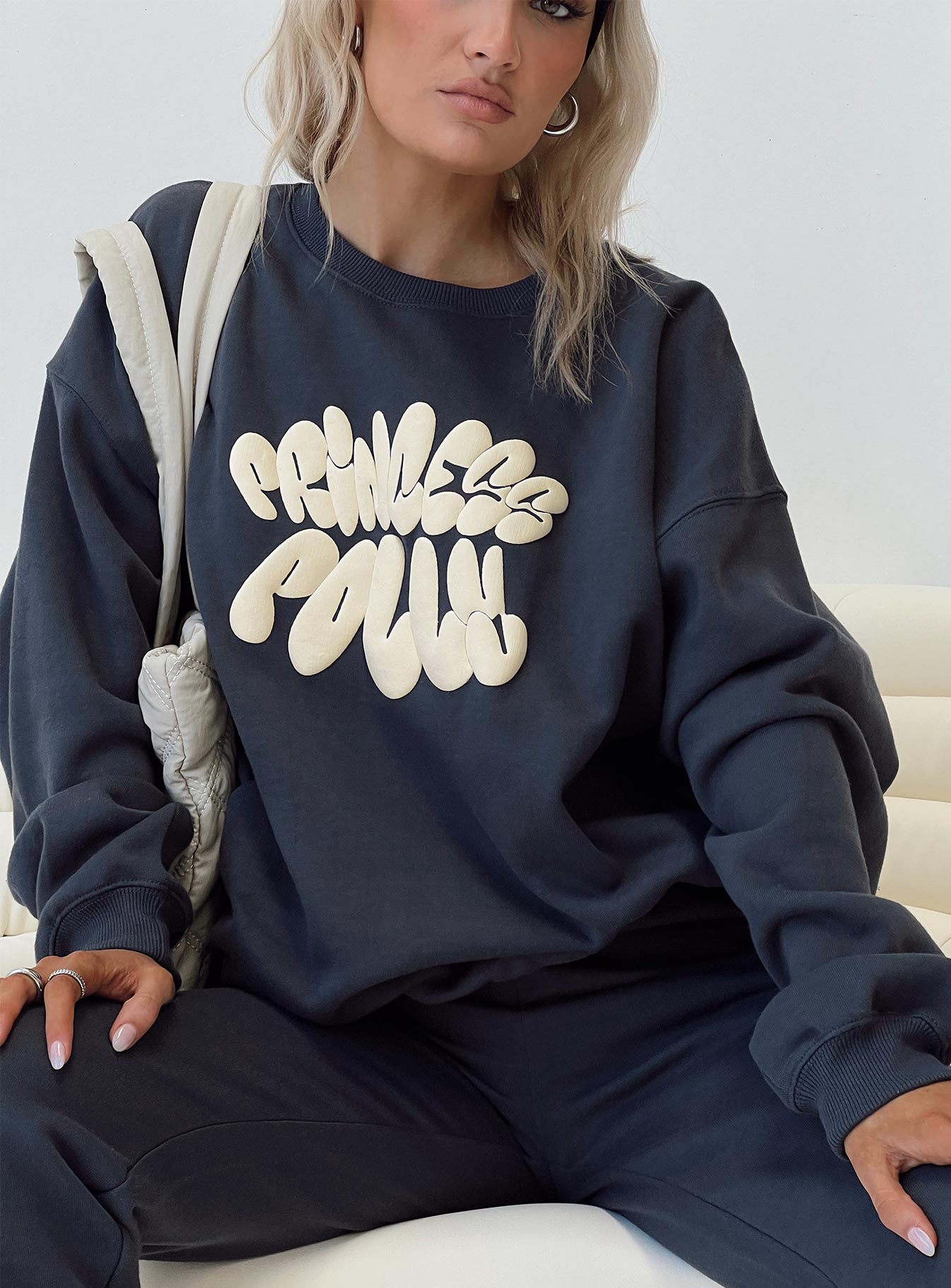 Oh Mollys Crew Neck Sweatshirt Bubble Text Slate / Eggshell-Oh Mollys