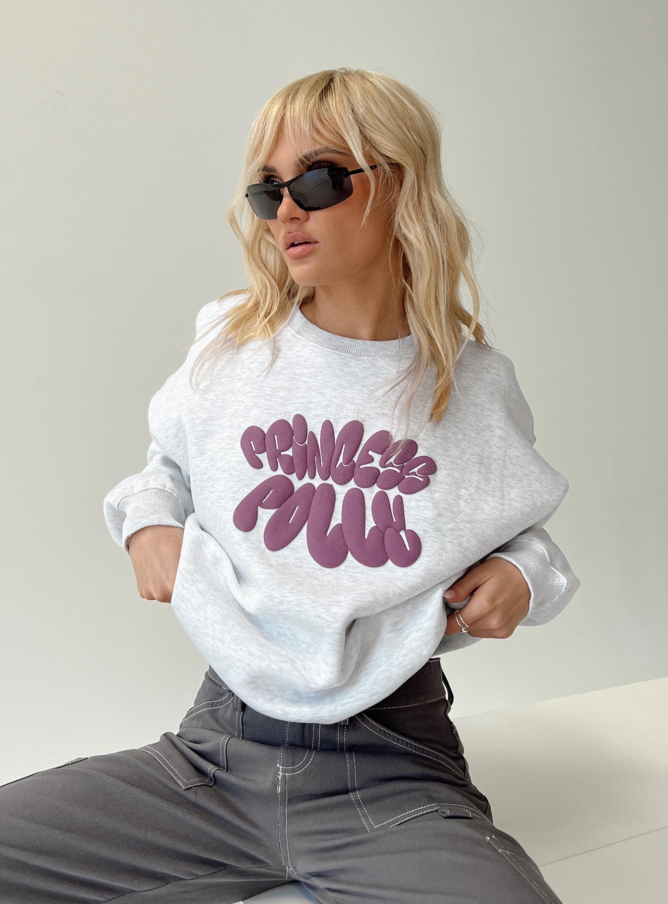 Oh Mollys Crew Neck Sweatshirt Bubble Text Grey Marle / Burgundy-Oh Mollys