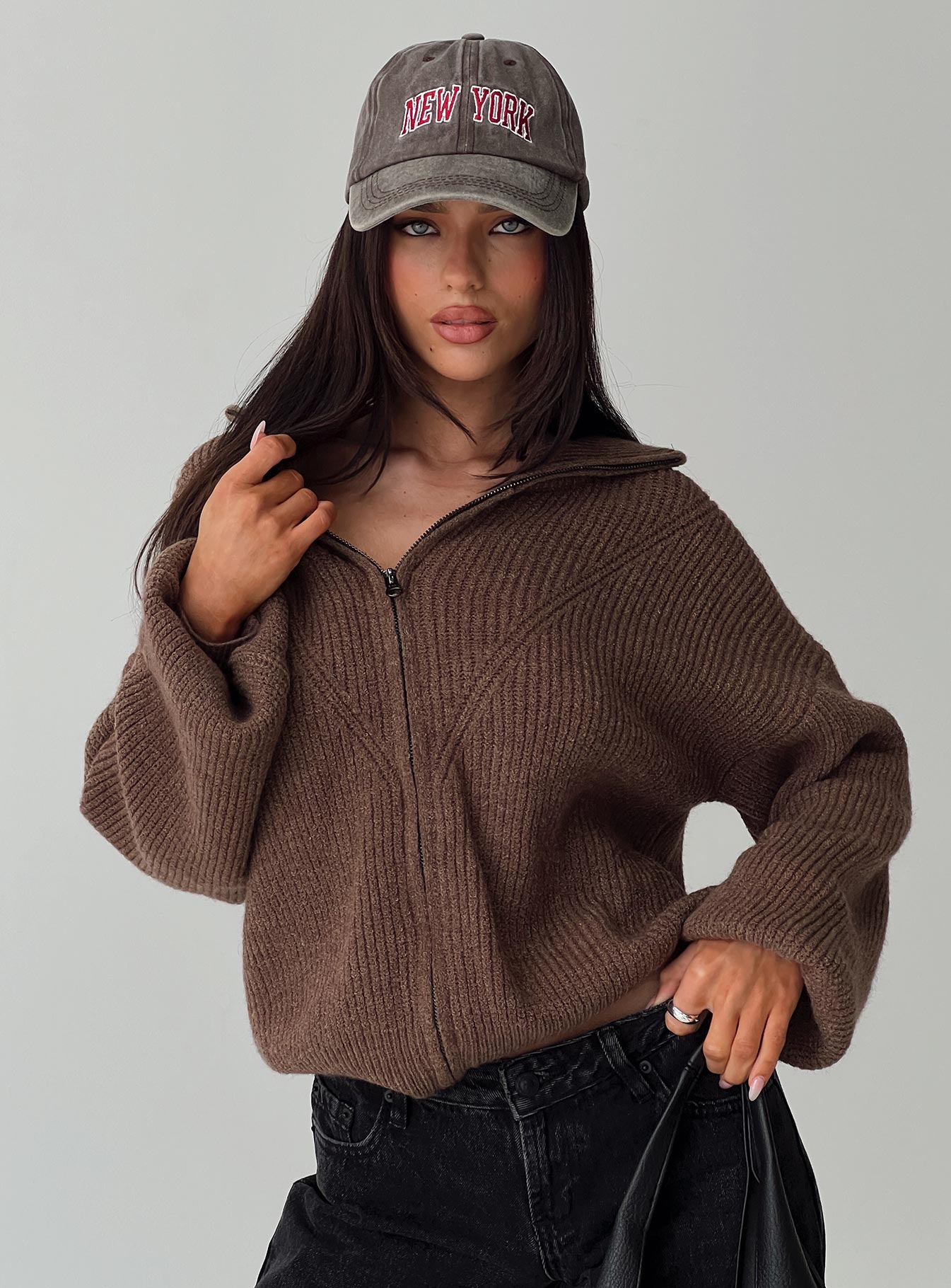 Hertford Zip Through Knit Sweater Brown-Oh Mollys