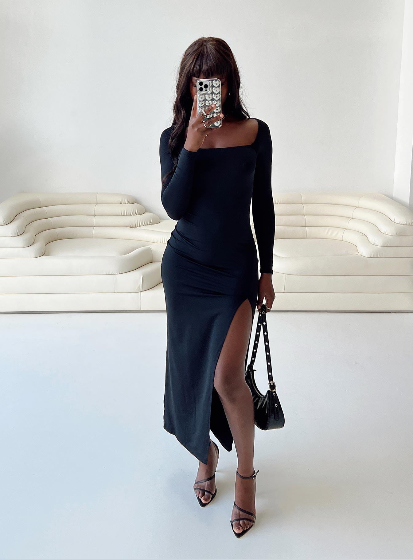 Hayward Long Sleeve Midi Dress Black-Oh Mollys