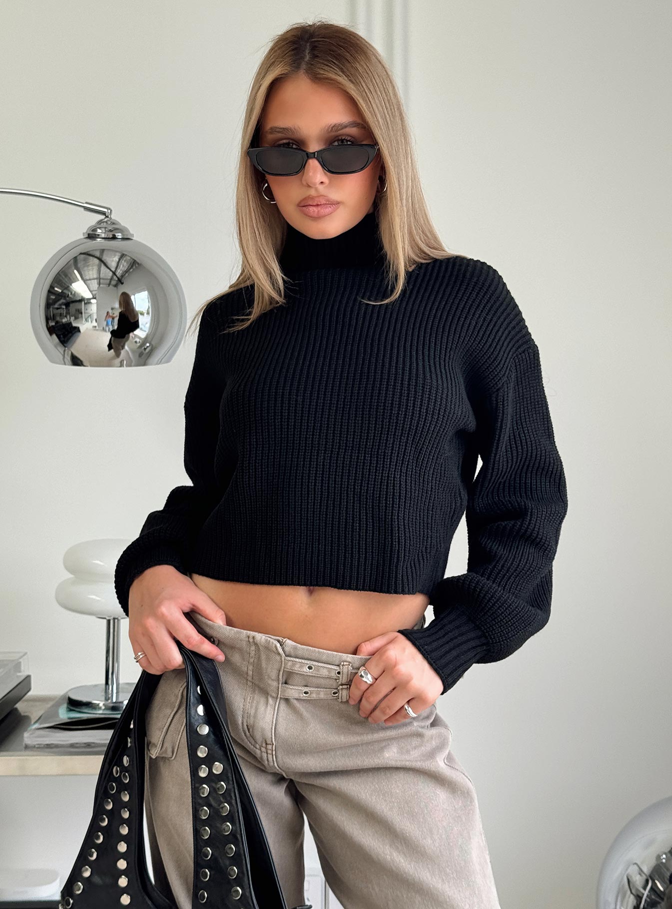 Sayge Mock Neck Knit Sweater Black-Oh Mollys