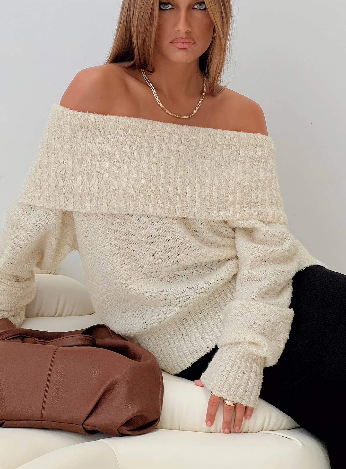 Parkley Boucle Off The Shoulder Sweater Cream-Oh Mollys