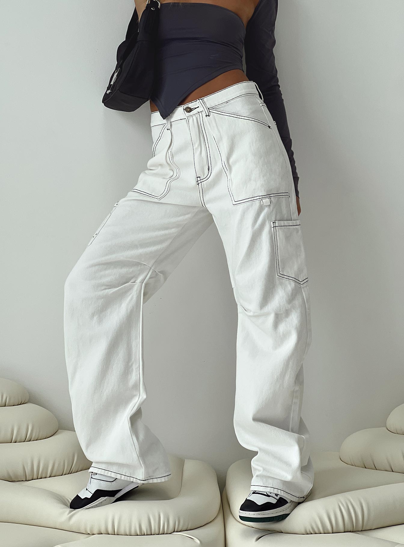 Miami Vice Mid Rise Straight Leg Cargo Pants White-Oh Mollys