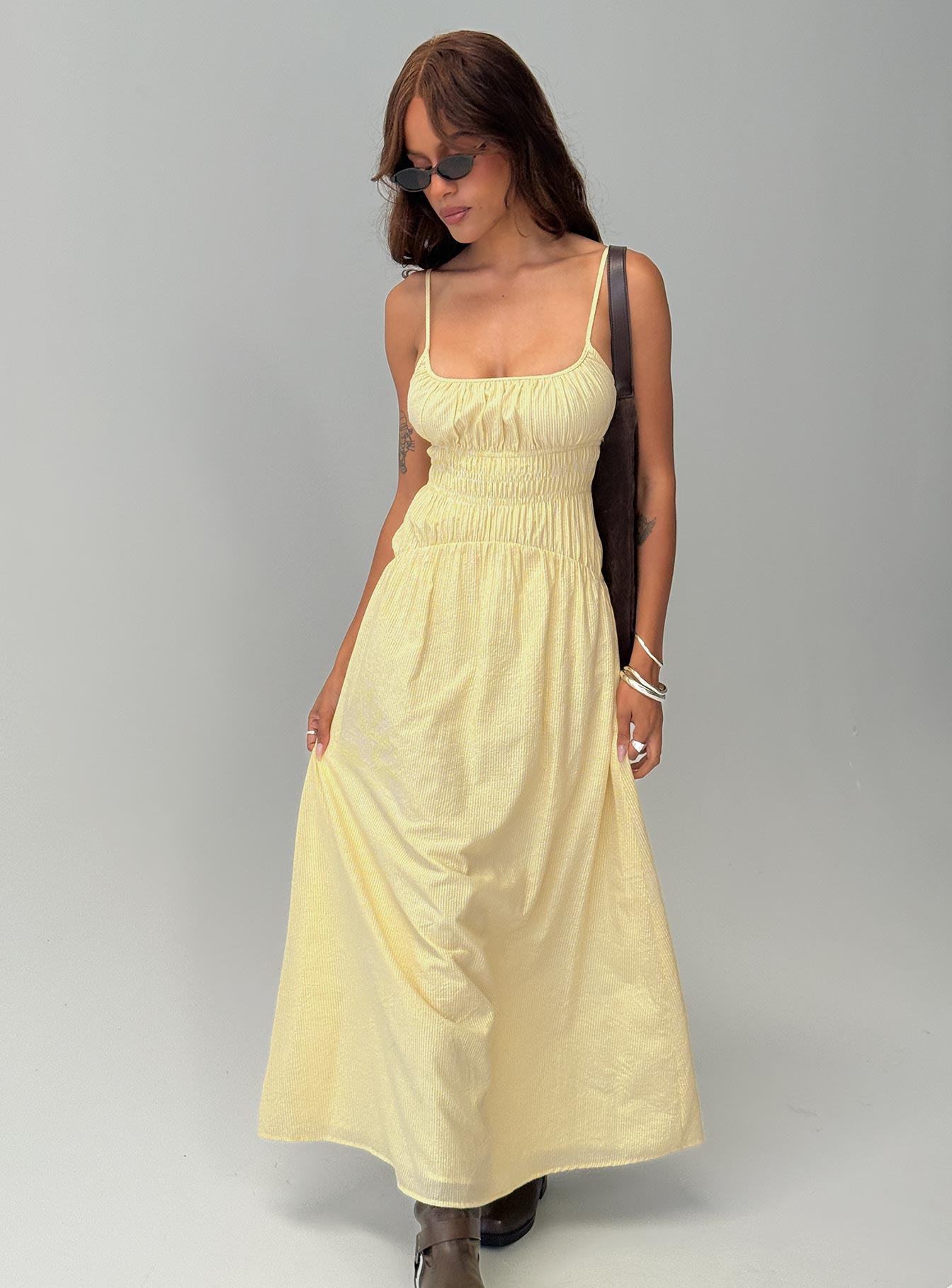 Magnolie Shirred Maxi Dress Yellow Stripe-Oh Mollys