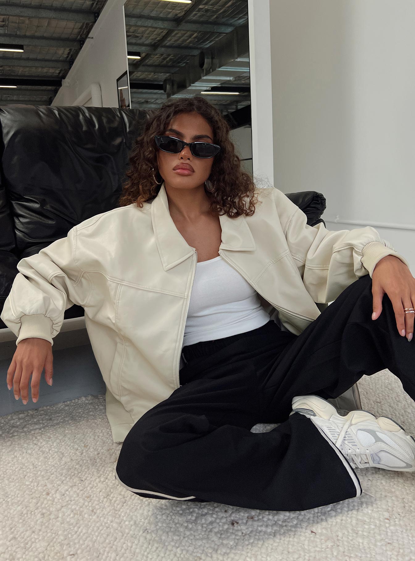 Goldsmith Faux Leather Bomber Jacket Cream-Oh Mollys