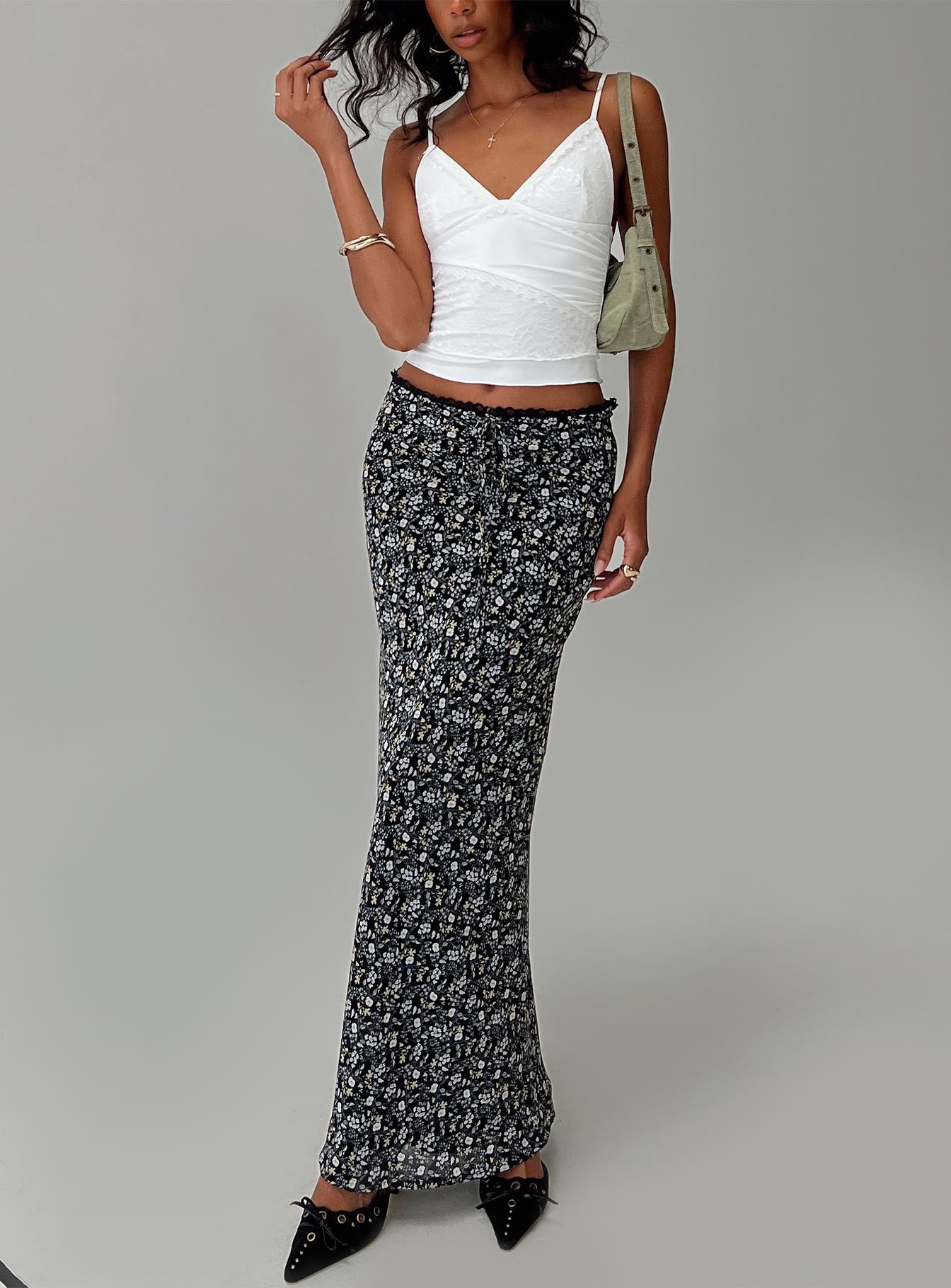 Emily Maxi Skirt Blue / Black Floral-Oh Mollys