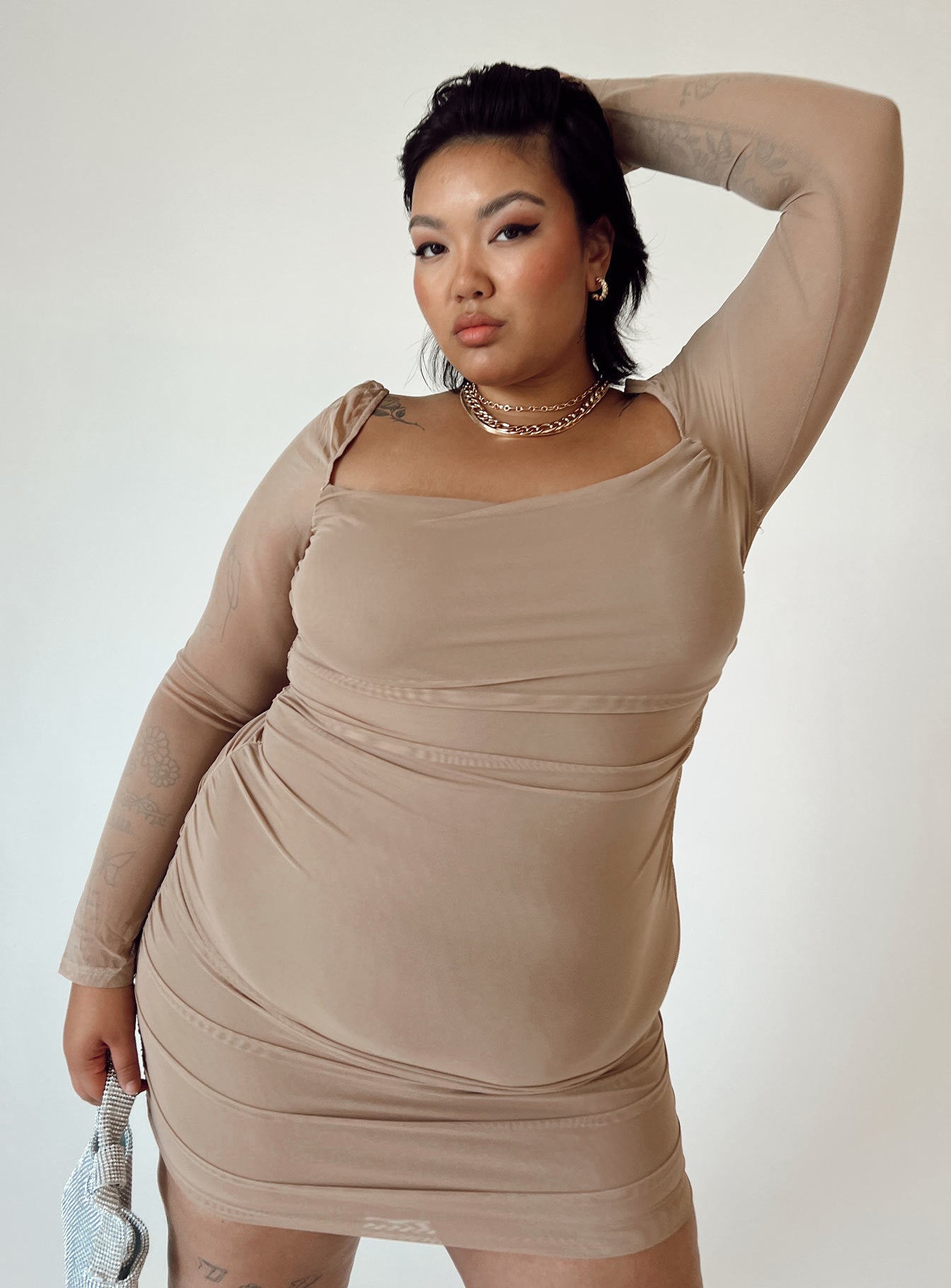 Charvi Long Sleeve Mini Dress Tan Curve-Oh Mollys