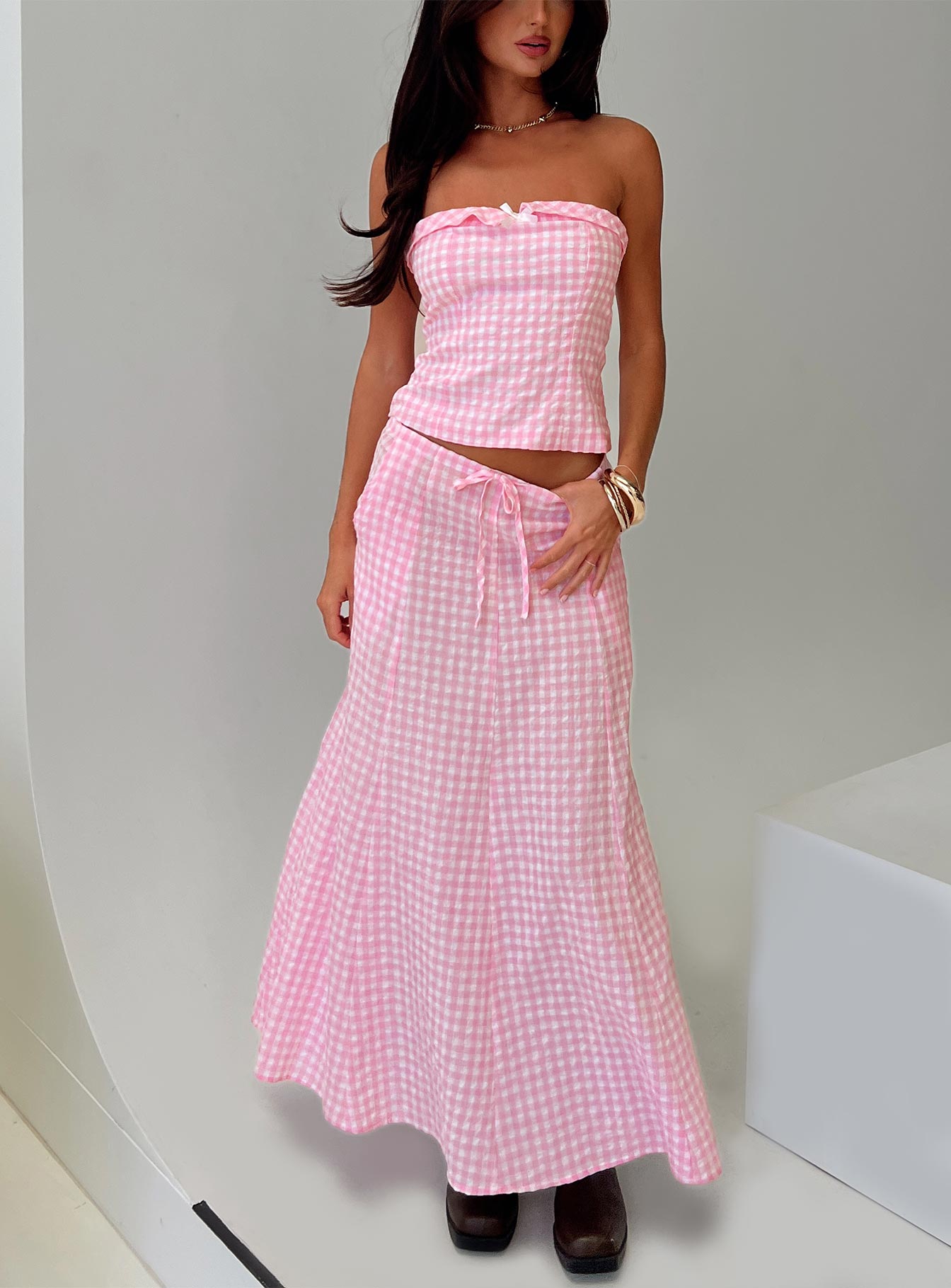 Carmino Maxi Skirt Pink Check-Oh Mollys