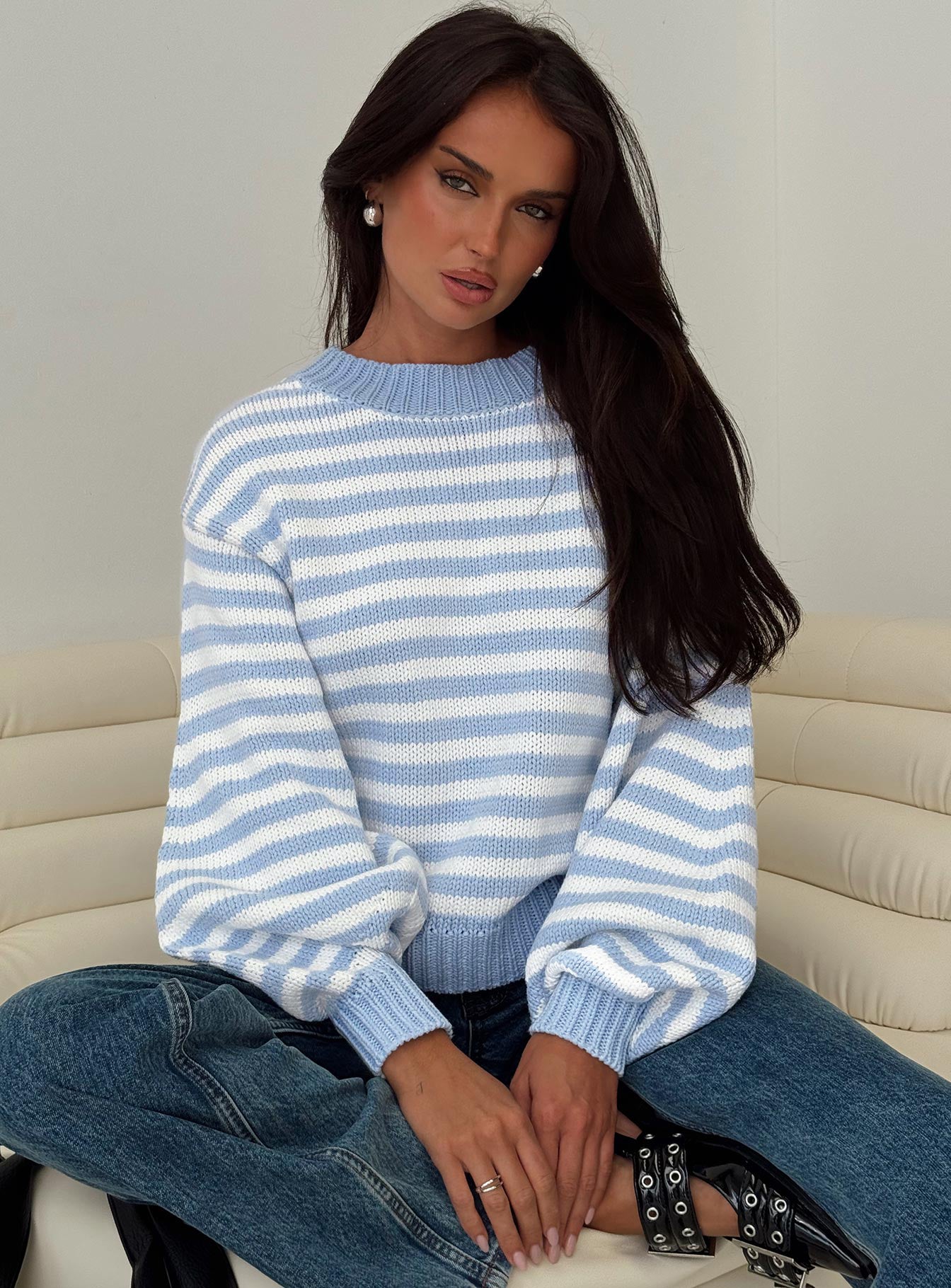 Harmony Balloon Sleeve Knit Sweater Blue / White Stripe-Oh Mollys