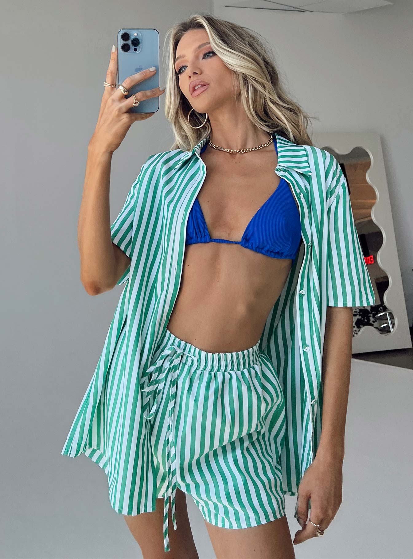 Chloe Short Sleeve Set Green Stripe-Oh Mollys