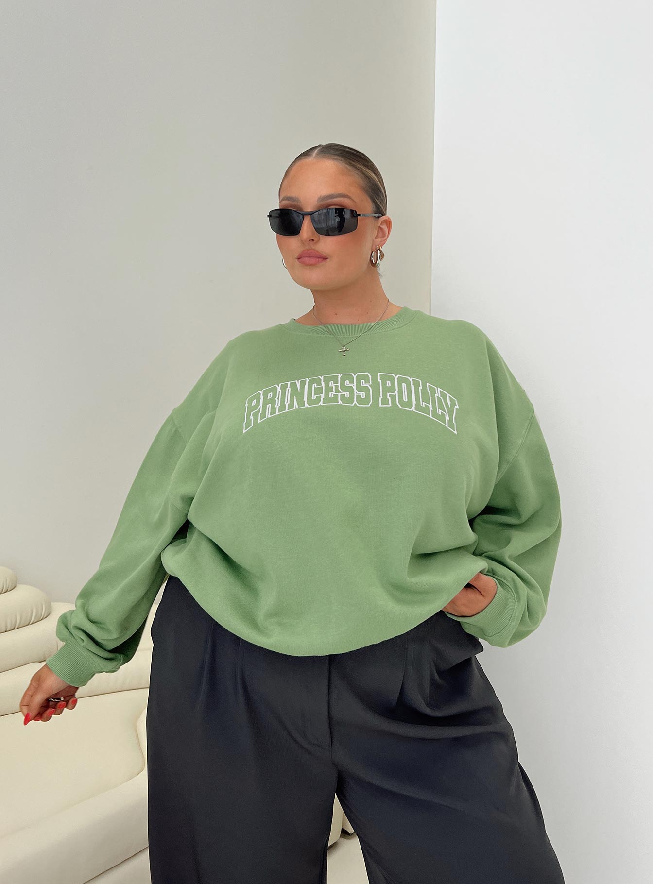 Oh Mollys Crew Neck Sweatshirt Collegiate Text Green Curve-Oh Mollys