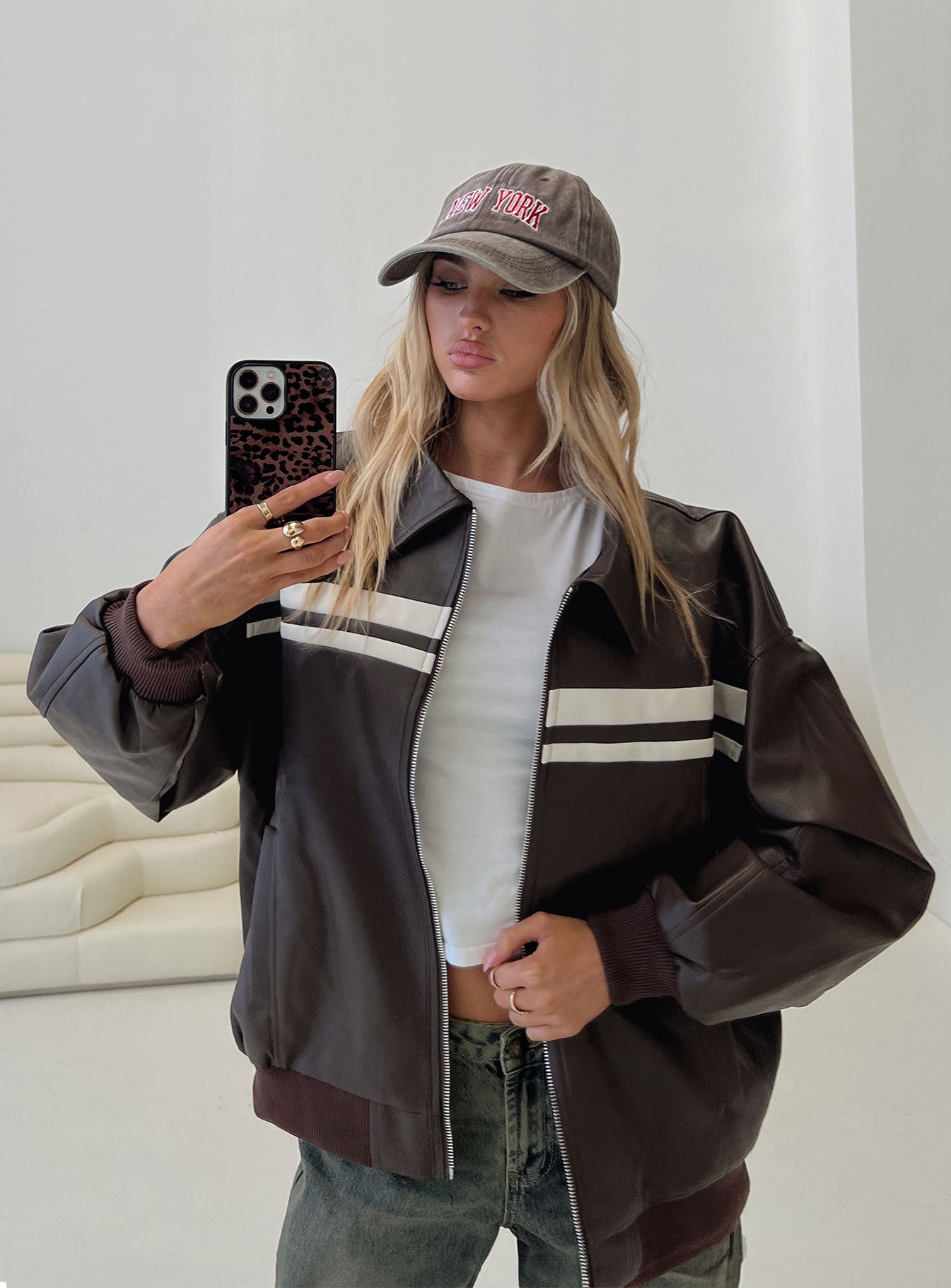 Goldsmith Faux Leather Bomber Jacket Chocolate / White-Oh Mollys