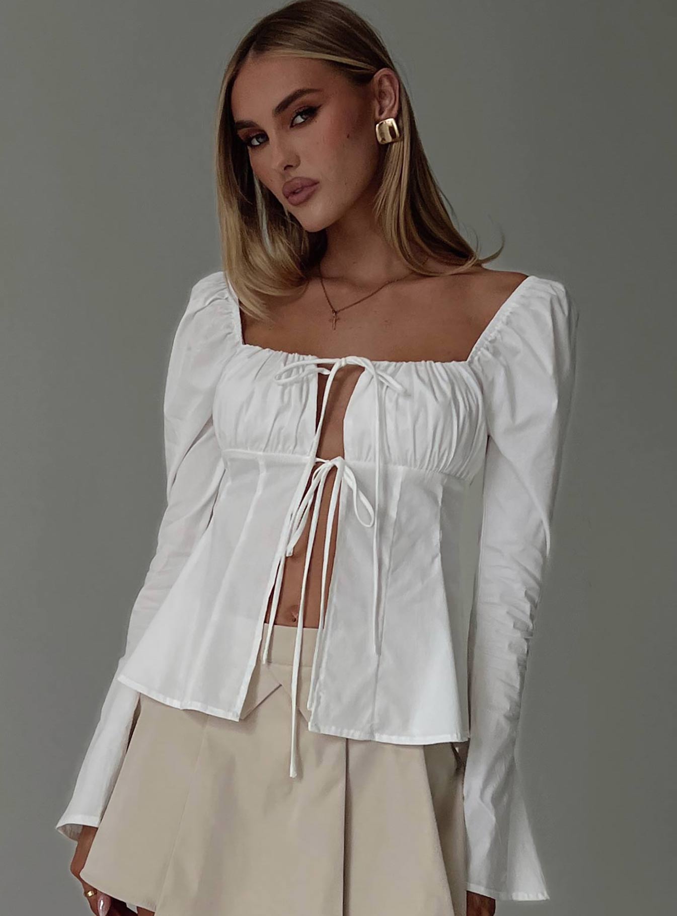 Lilibette Tie Up Long Sleeve Top White-Oh Mollys