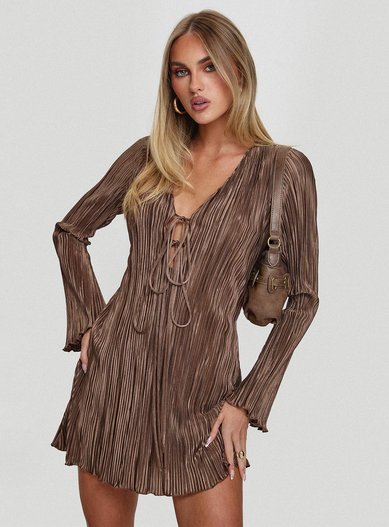 Malop Long Sleeve Mini Dress Chocolate-Oh Mollys