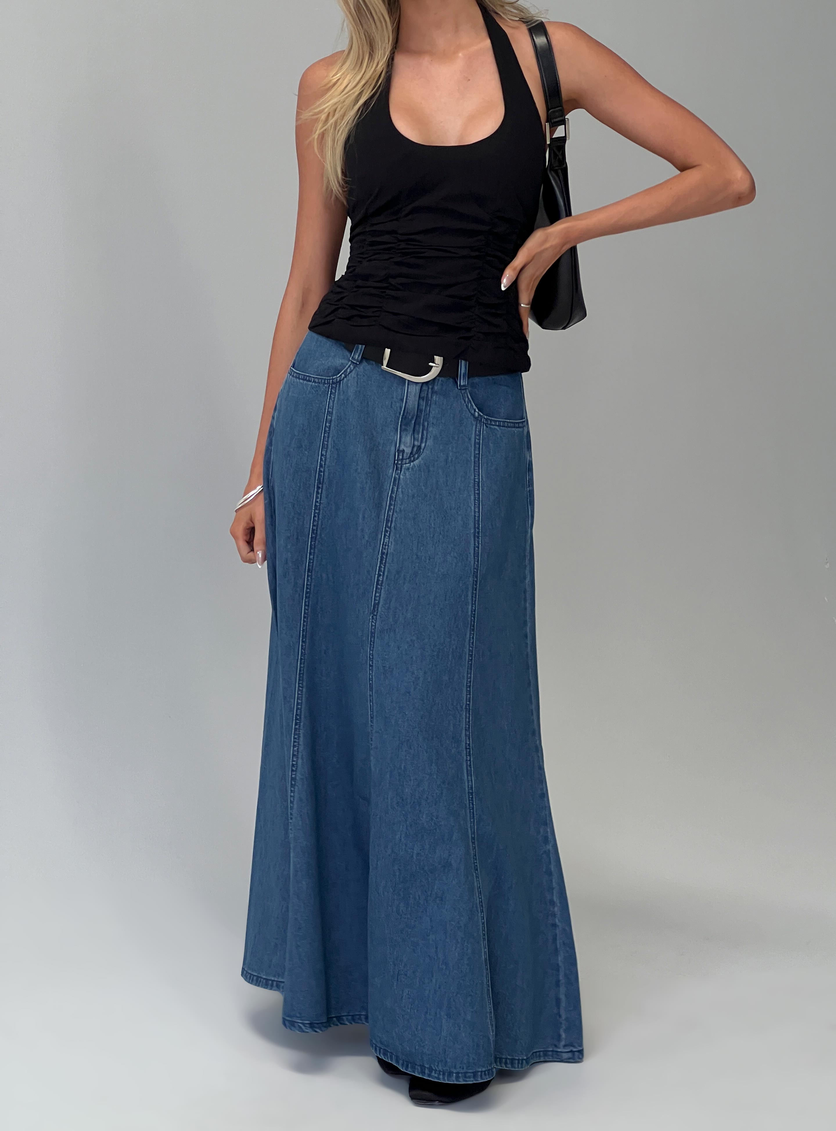 Charleigh Soft Pleat Denim Maxi Skirt Mid Blue Wash-Oh Mollys