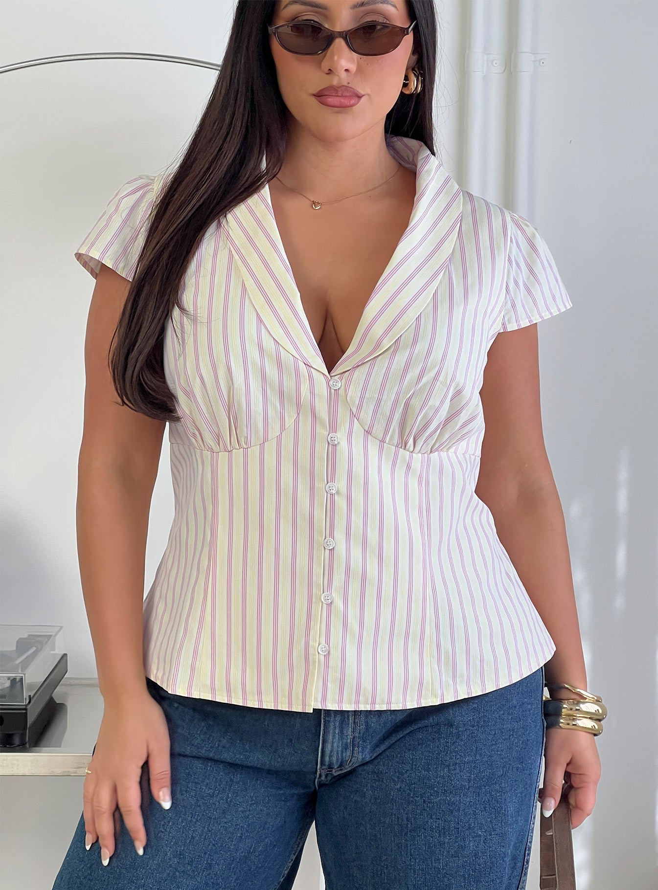 Ellis Island Collared Top Pink Stripe Curve-Oh Mollys