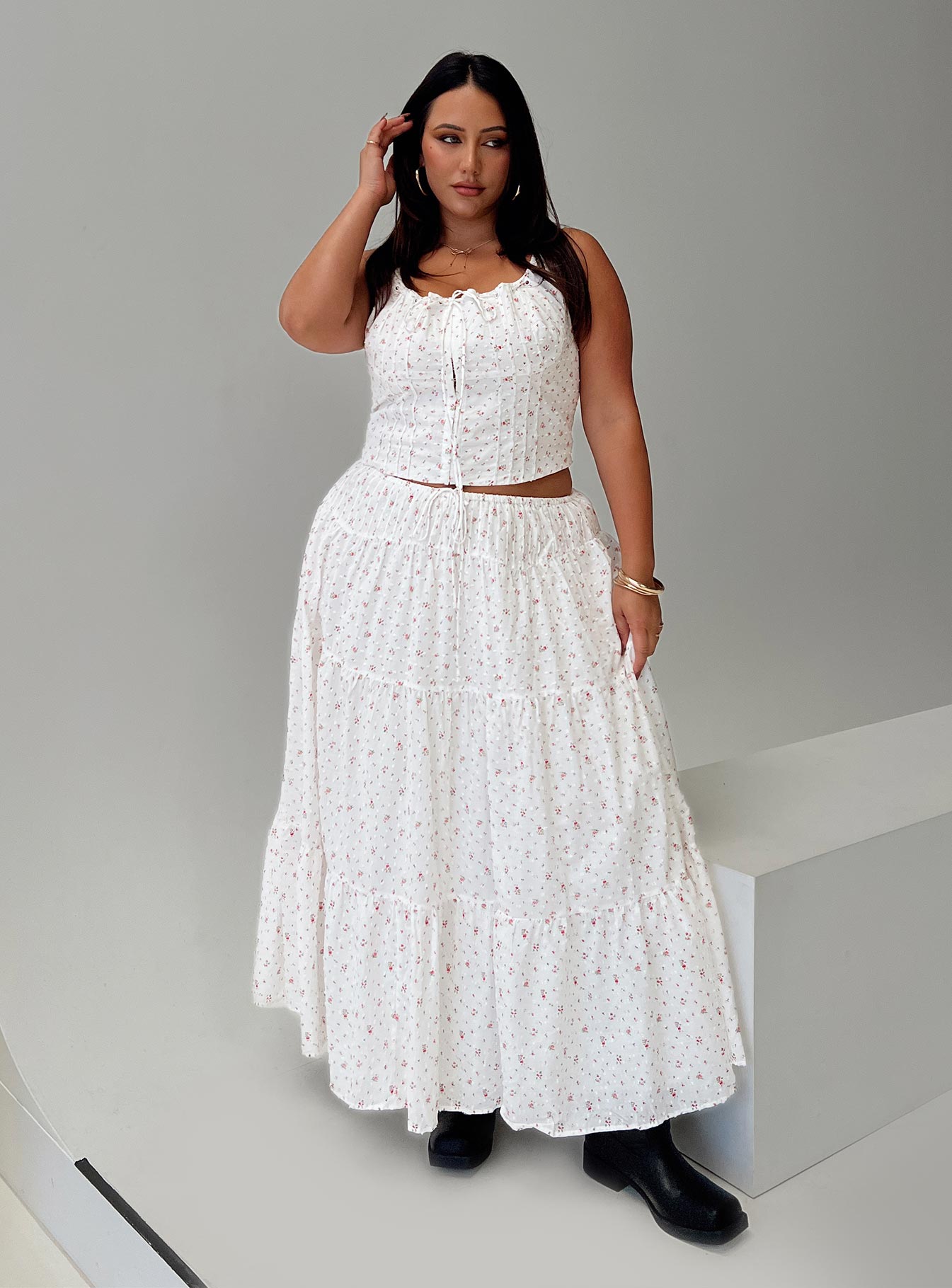 Cherry On Top Maxi Skirt White Floral Curve-Oh Mollys