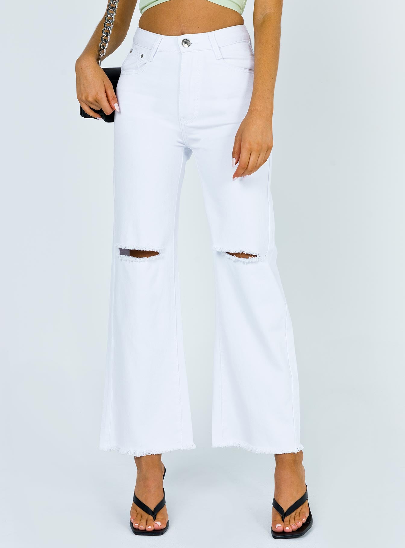 Cece Hammer Wide Leg Knee Rip Jeans White Denim-Oh Mollys