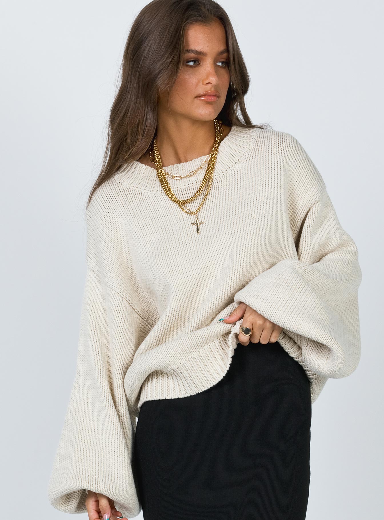 Harmony Balloon Sleeve Knit Sweater Beige-Oh Mollys