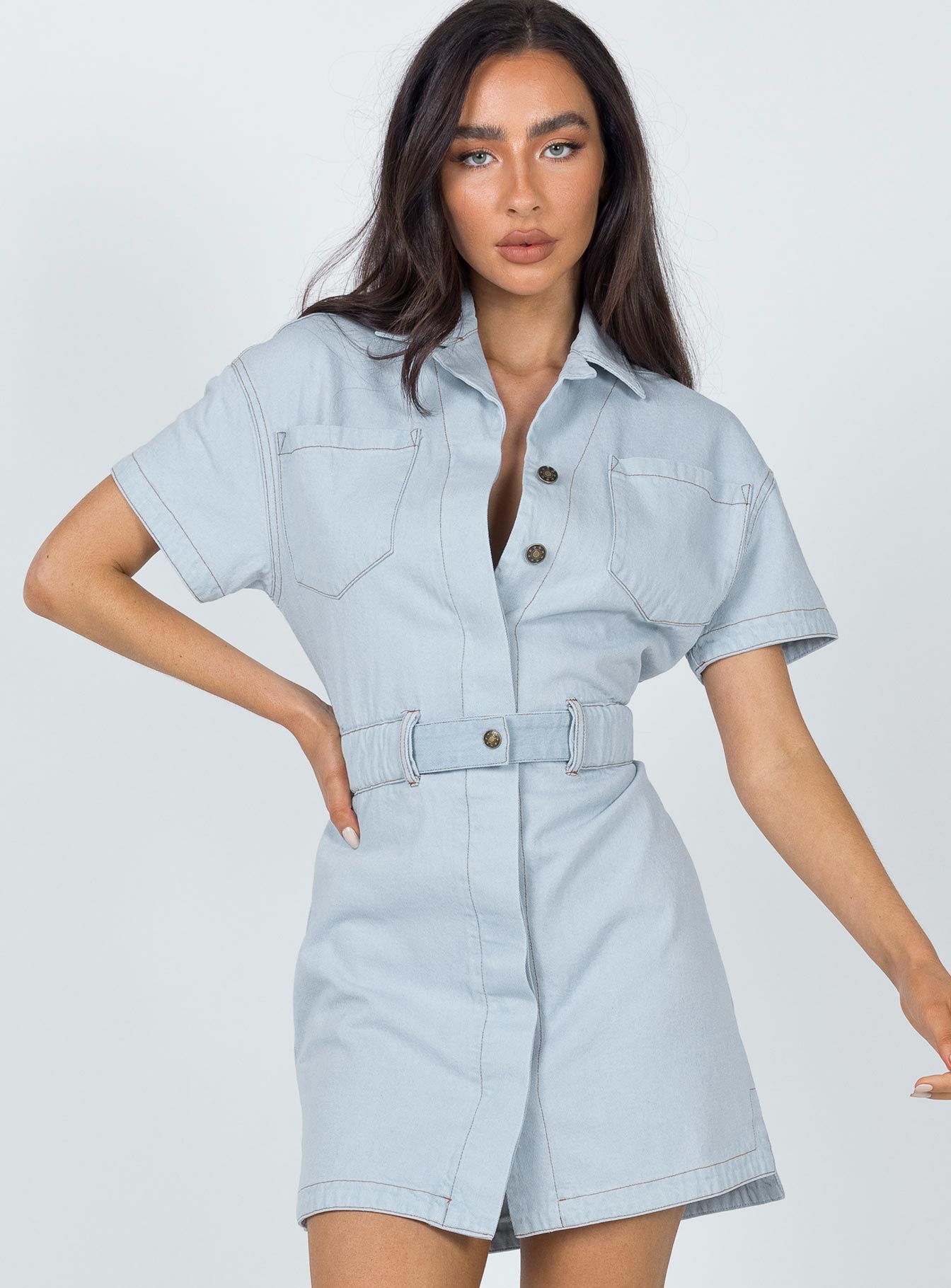 Chateau Denim Mini Dress Light Wash-Oh Mollys