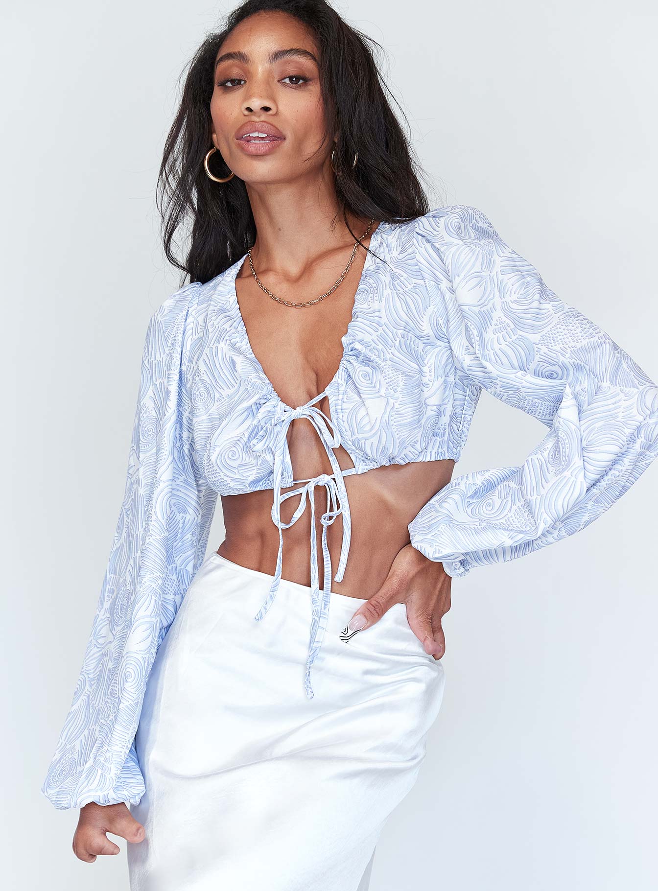 Lyric Long Sleeve Crop Top Blue-Oh Mollys