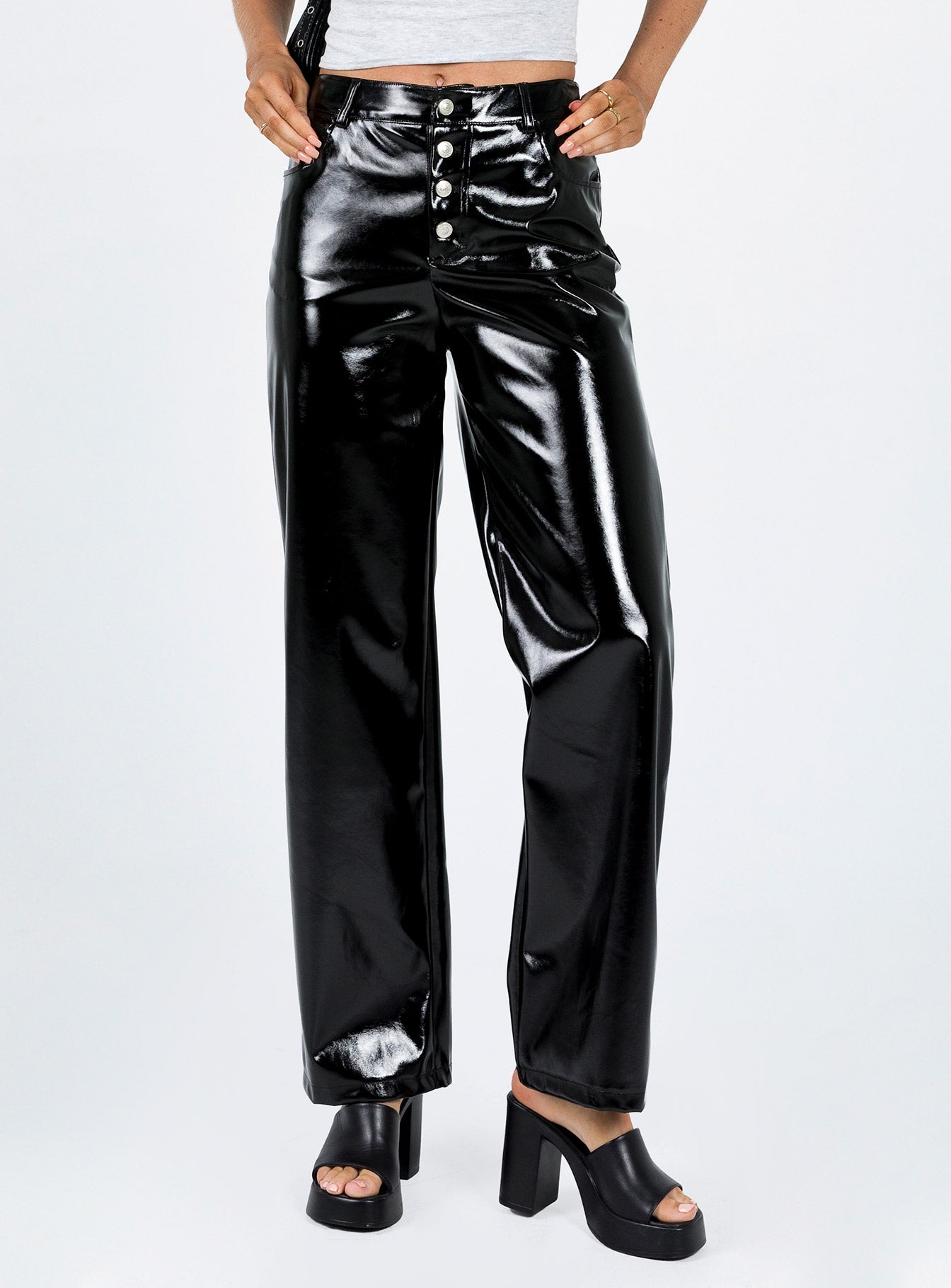 Renni Low Rise Vinyl Pants Black-Oh Mollys