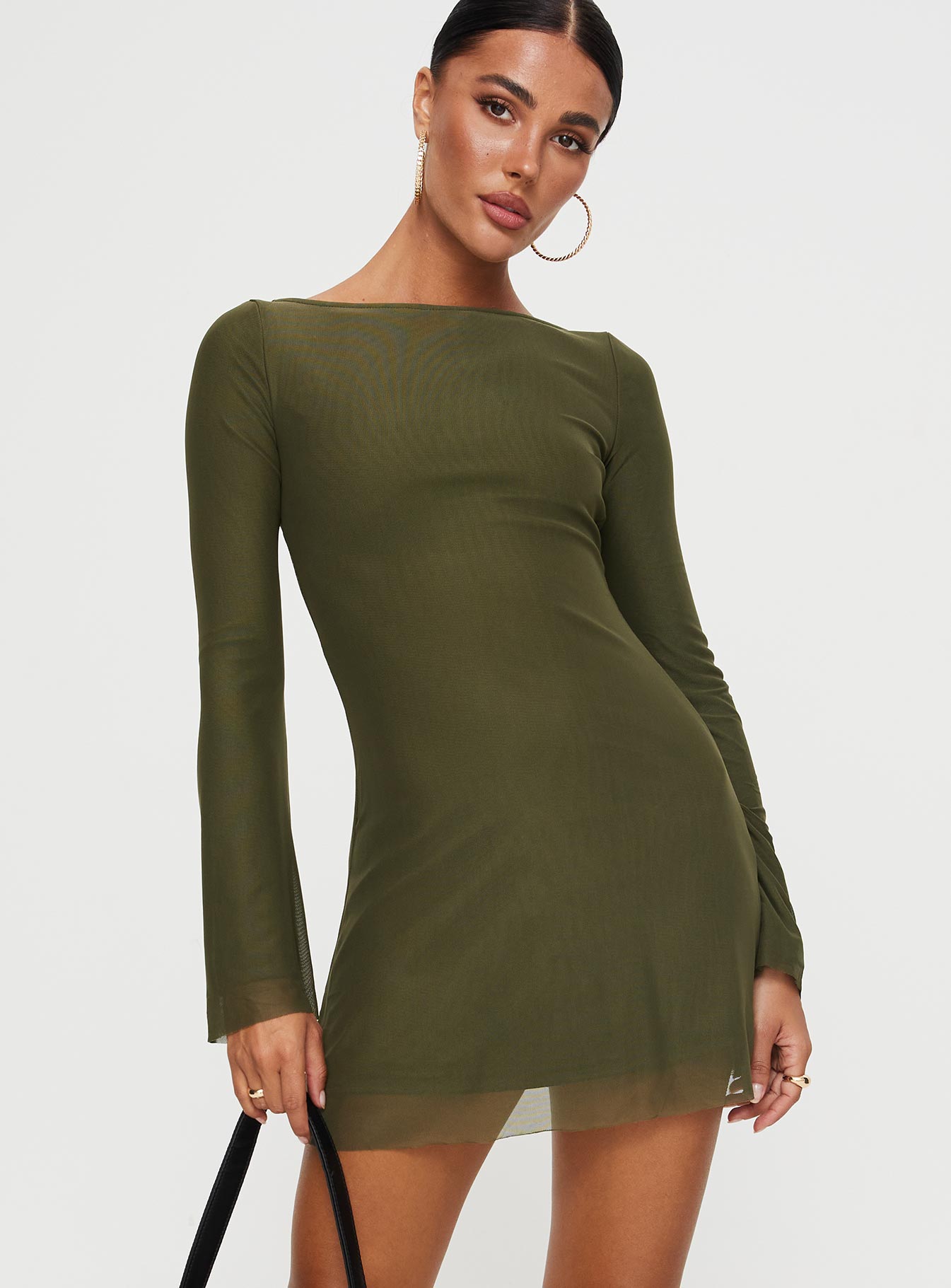 Lukea Long Sleeve Mesh Mini Dress Olive-Oh Mollys