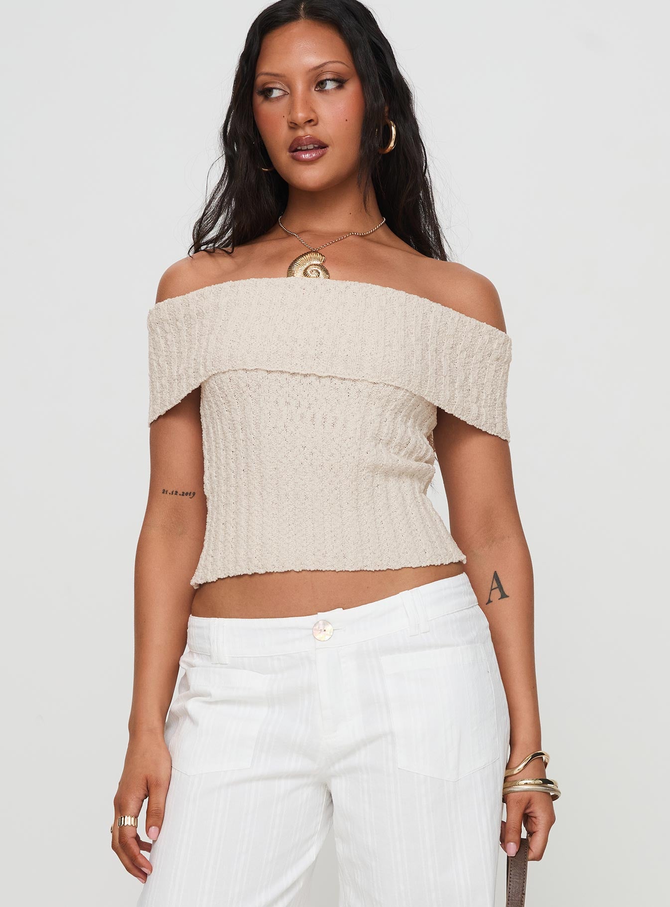 Murmur Off Shoulder Top Beige-Oh Mollys