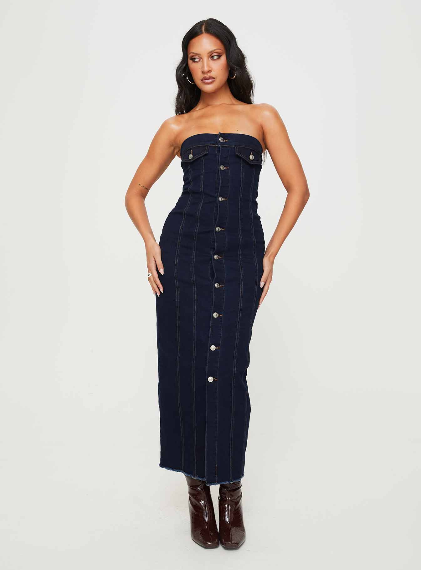 Marza Denim Strapless Maxi Dress Indigo-Oh Mollys