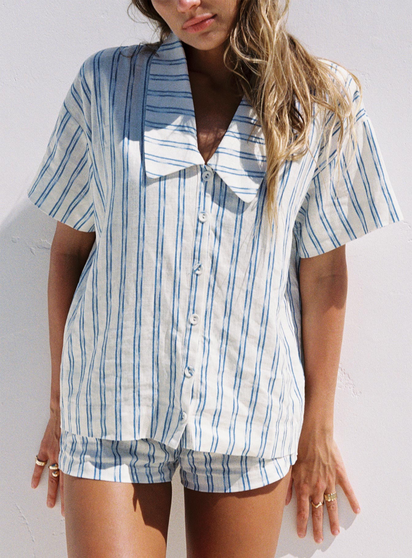 Goody Linen Button Front Top Blue Stripe-Oh Mollys