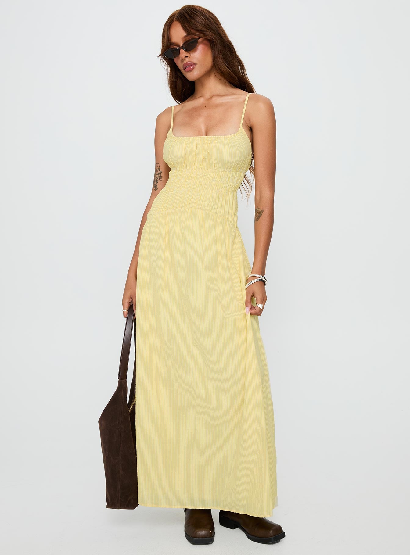 Magnolie Shirred Maxi Dress Yellow Stripe-Oh Mollys