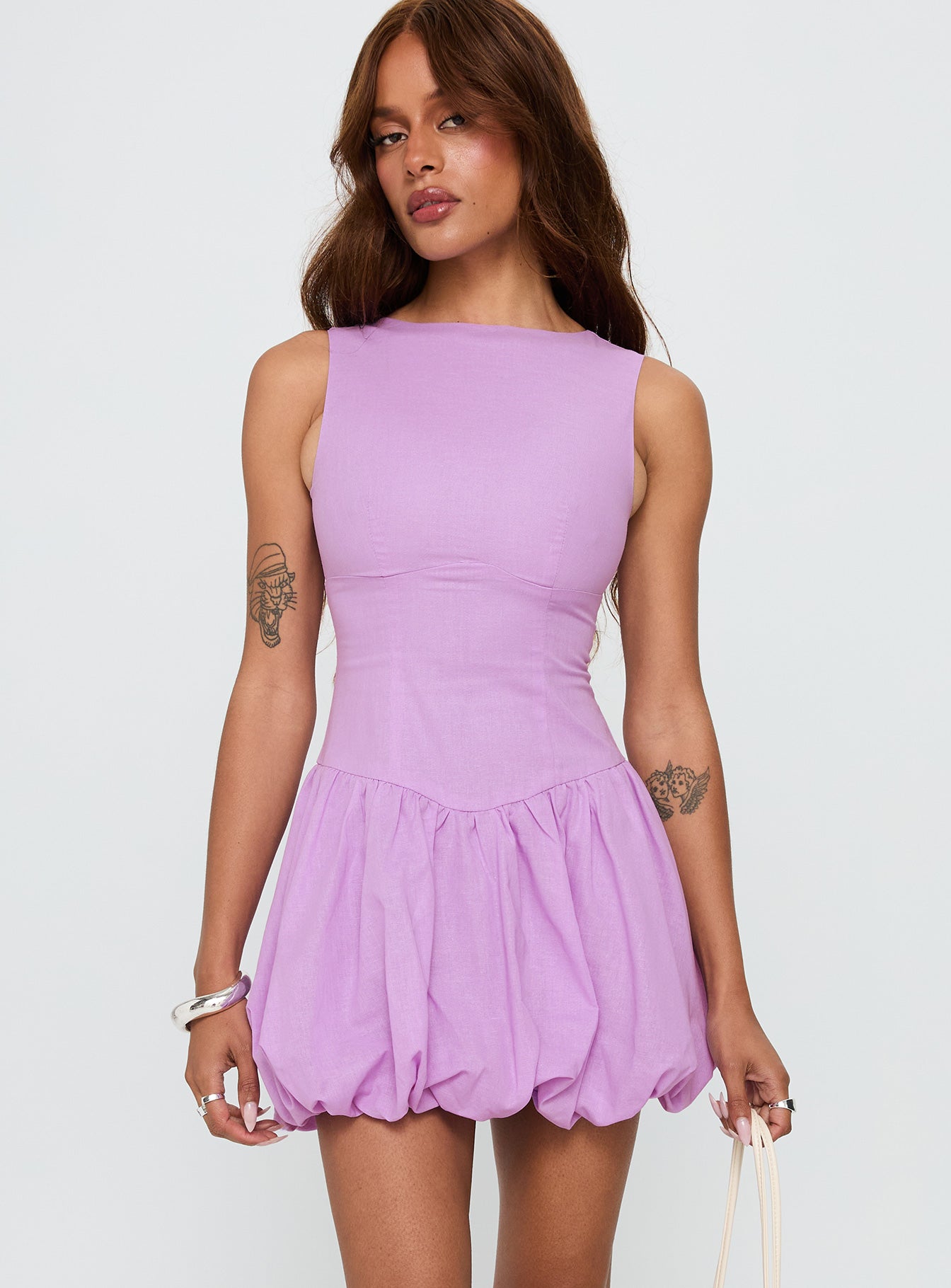 Cicely Bubble Hem Mini Dress Lilac-Oh Mollys