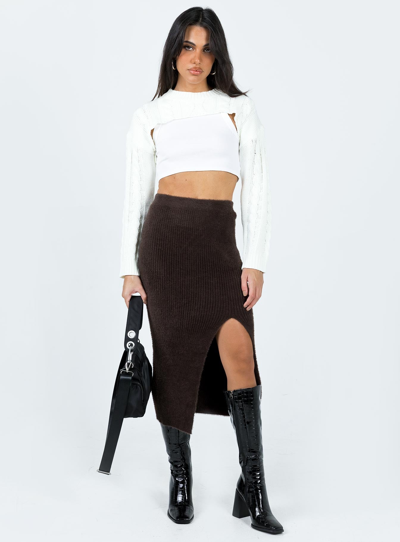 Ella Brooke Knit Midi Skirt Brown-Oh Mollys