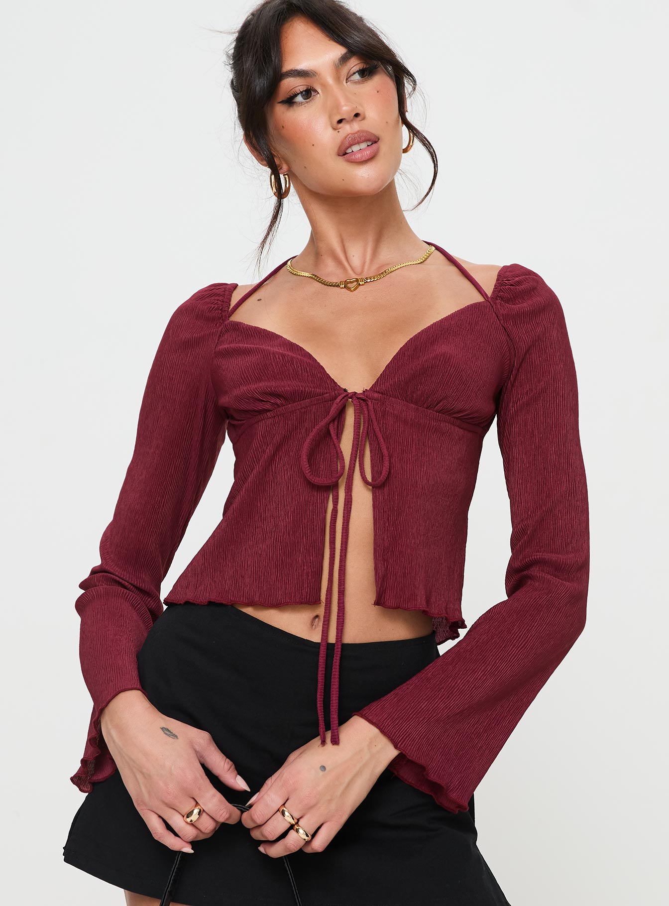 Chantria Long Sleeve Halter Top Burgundy-Oh Mollys