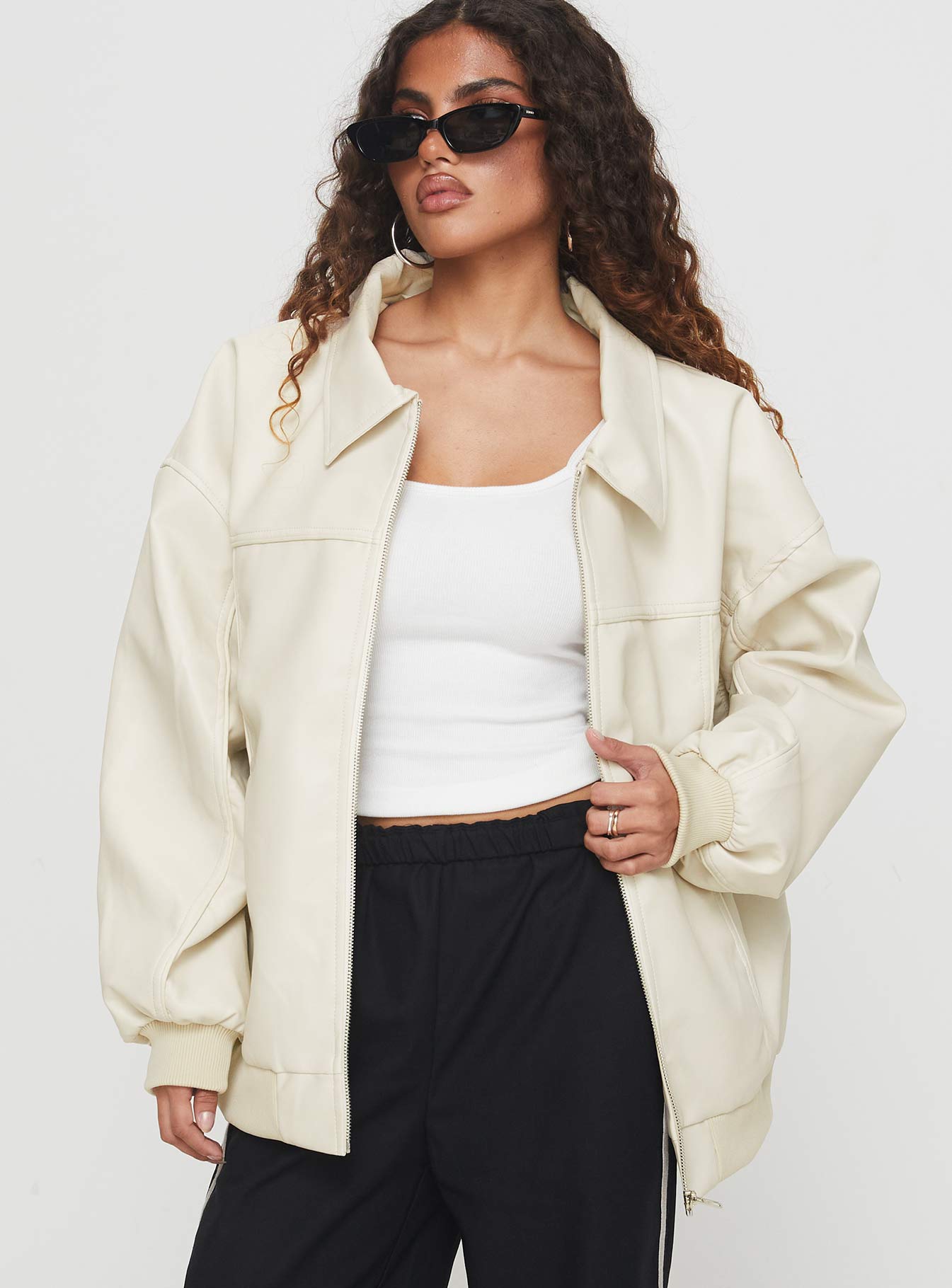 Goldsmith Faux Leather Bomber Jacket Cream-Oh Mollys