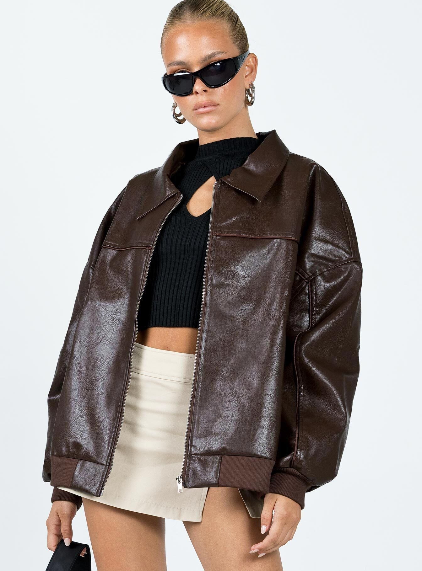 Goldsmith Faux Leather Bomber Jacket Brown-Oh Mollys