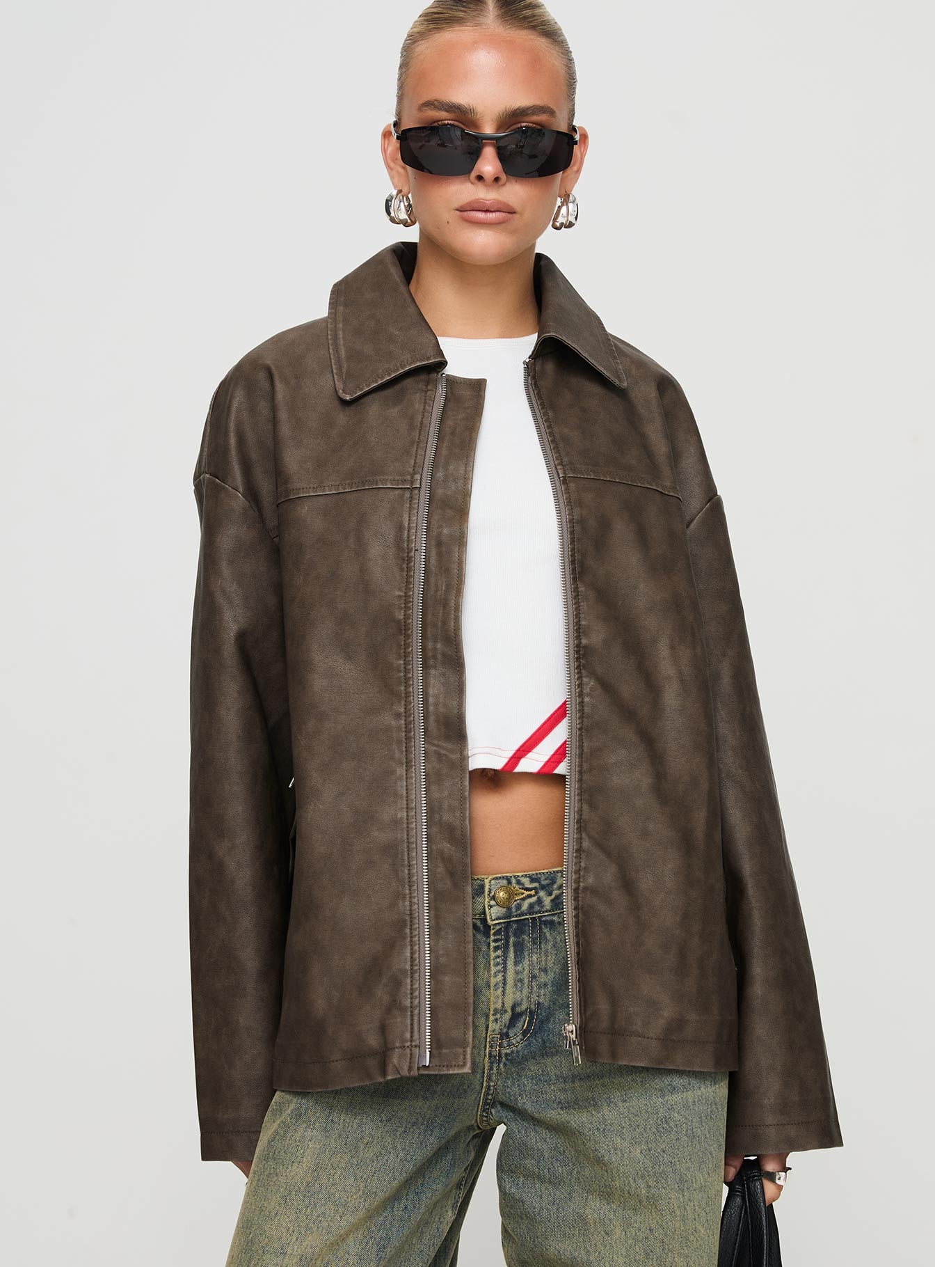 Faux Leather Collared Dad Jacket Washed Brown-Oh Mollys