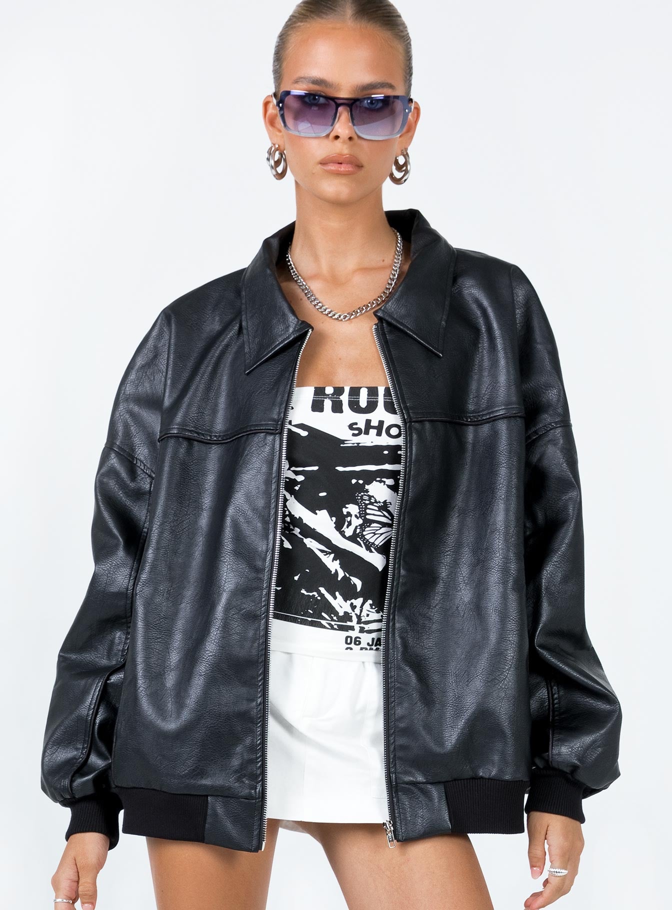 Goldsmith Faux Leather Bomber Jacket Black-Oh Mollys
