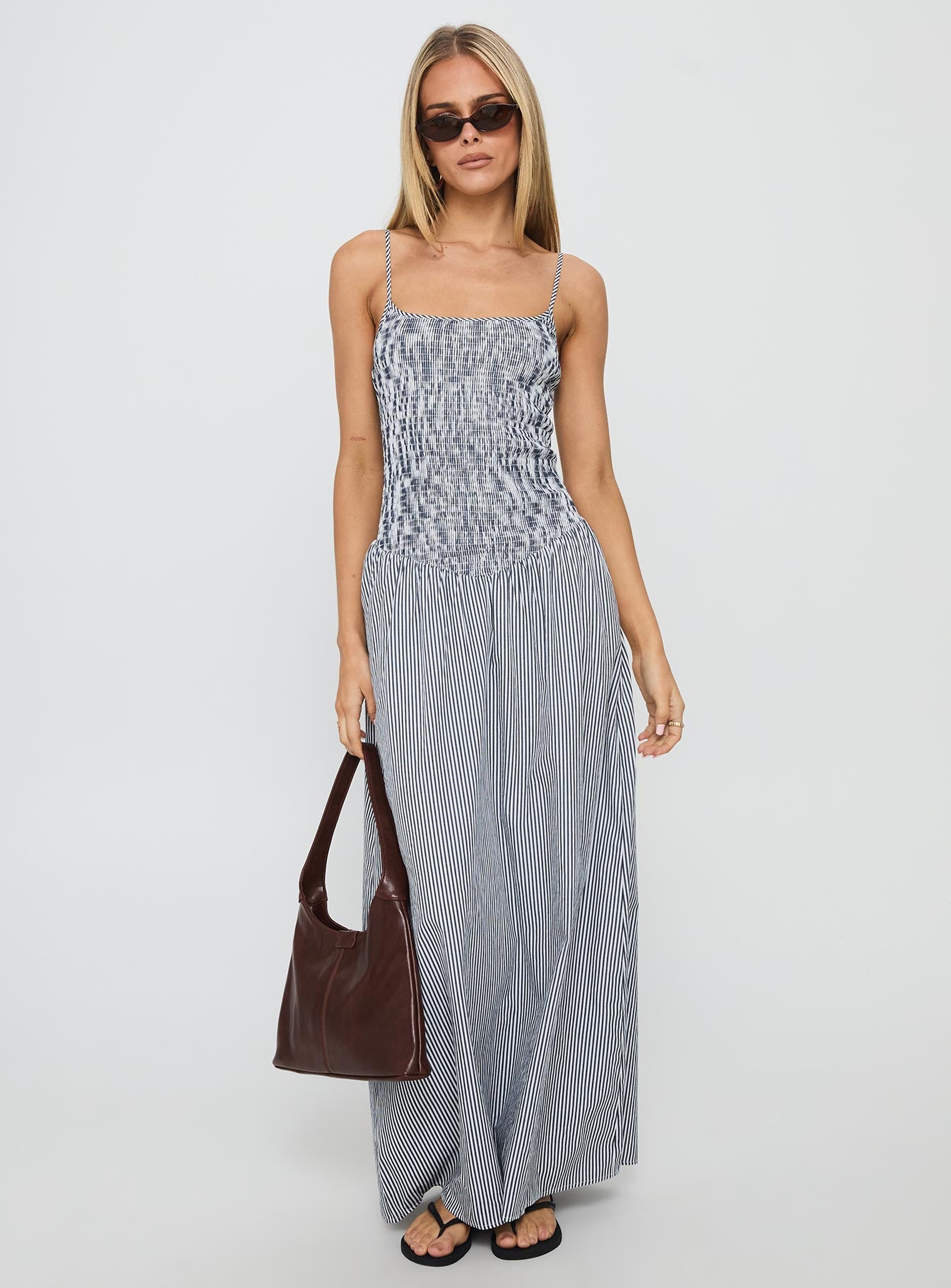 Kosie Shirred Maxi Dress Blue Stripe-Oh Mollys