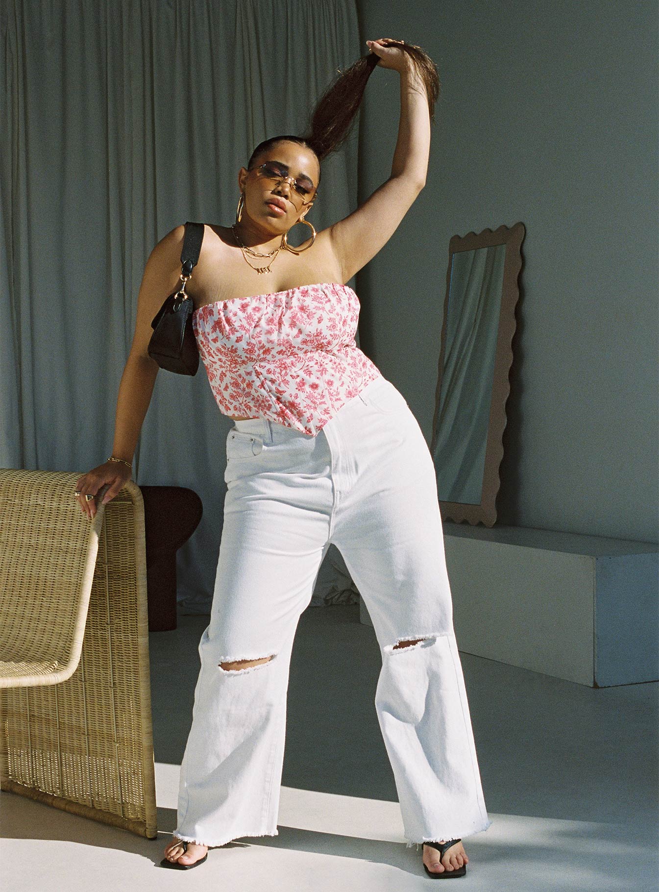 Cece Hammer Wide Leg Knee Rip Jeans White Denim Curve-Oh Mollys