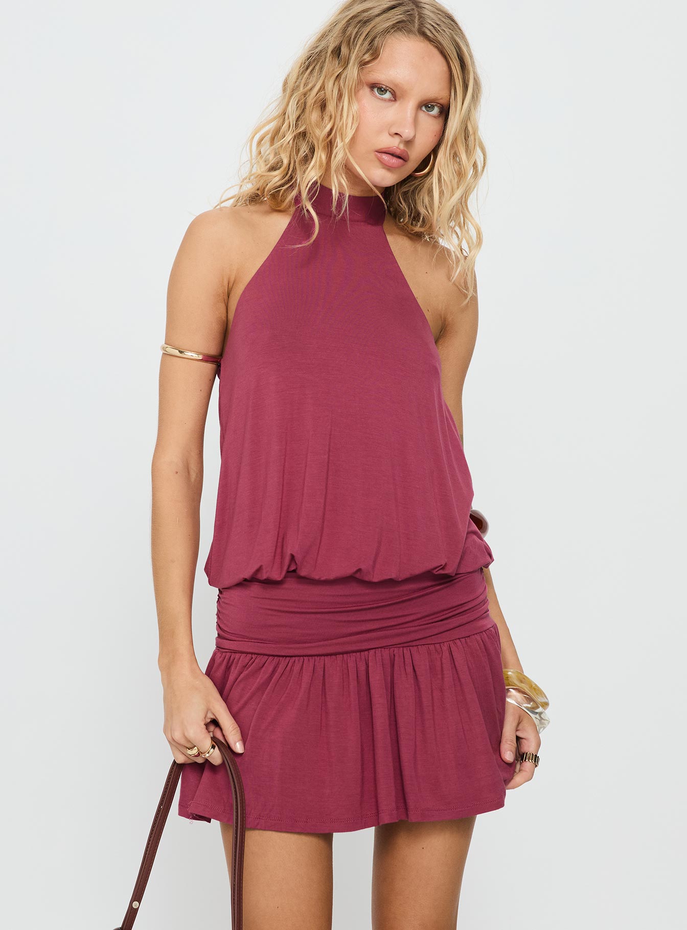 Lealeia Halter Slouch Mini Dress Plum-Oh Mollys